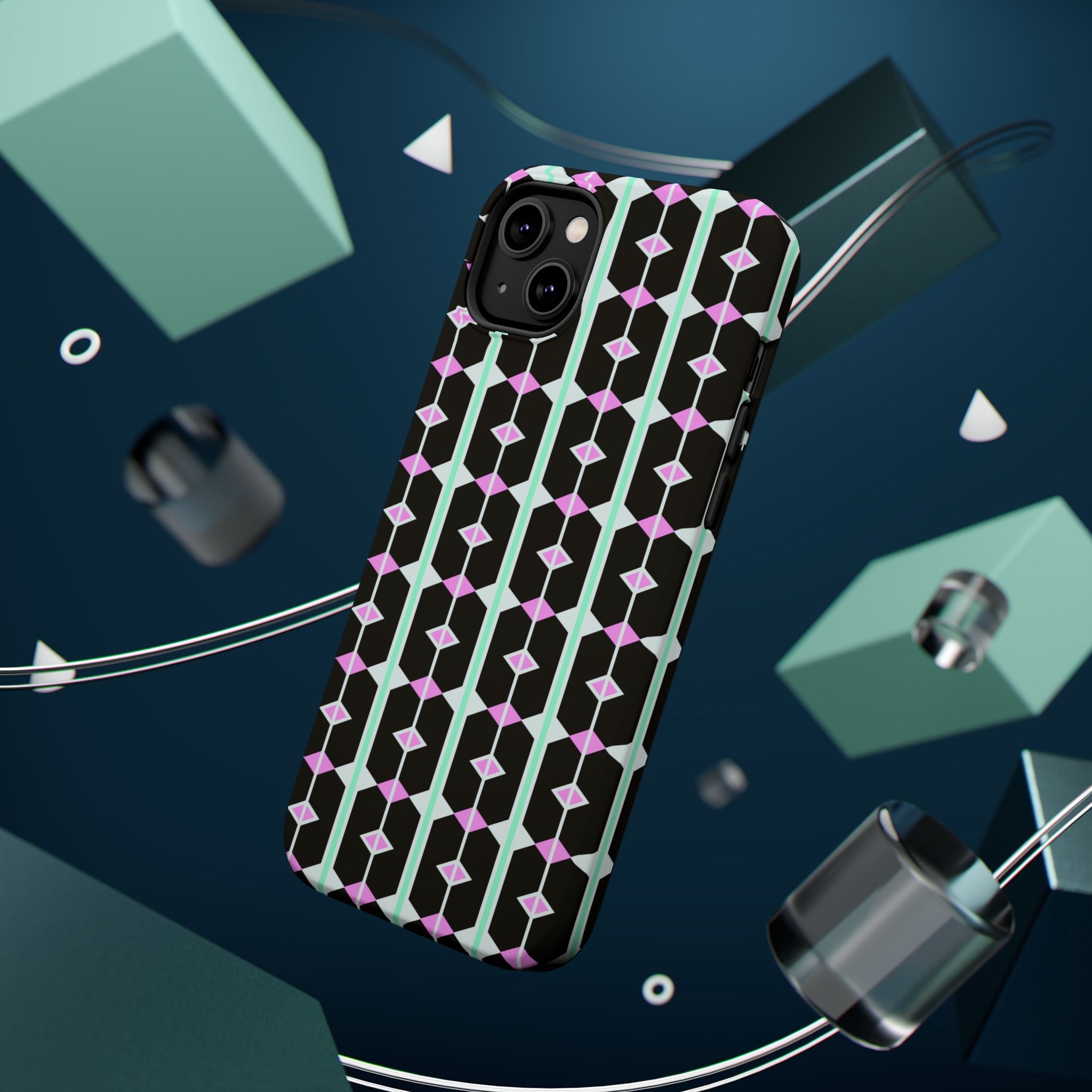 Geom Stripe Magnetic Phone Case — Black with Mint & Lavender Pattern