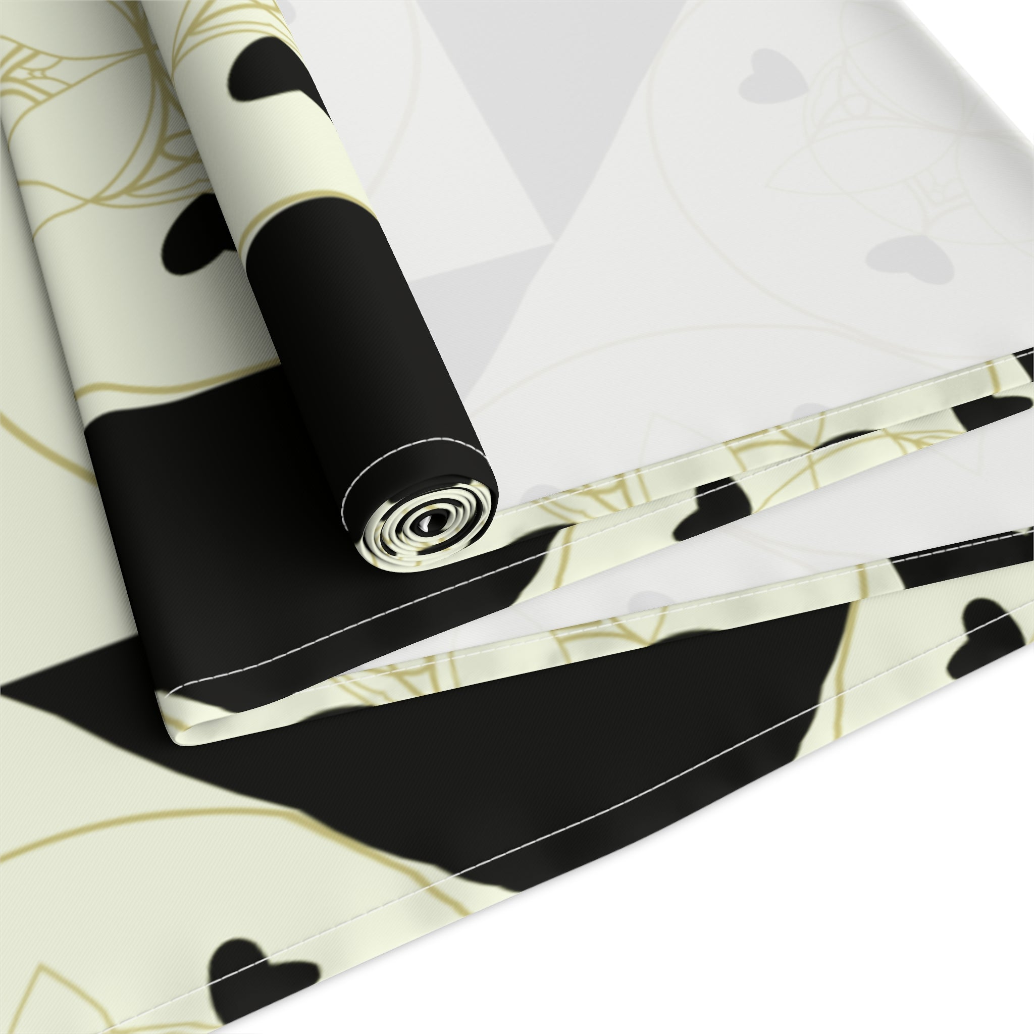 Geometric Heart Quilt Table Runner — Black & Cream Modern Farmhouse Decor