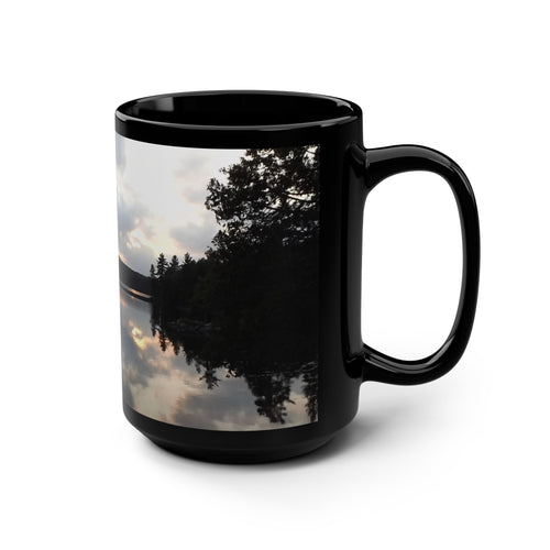 15oz Black Mug — Serene Lake Reflection Photo Coffee Cup