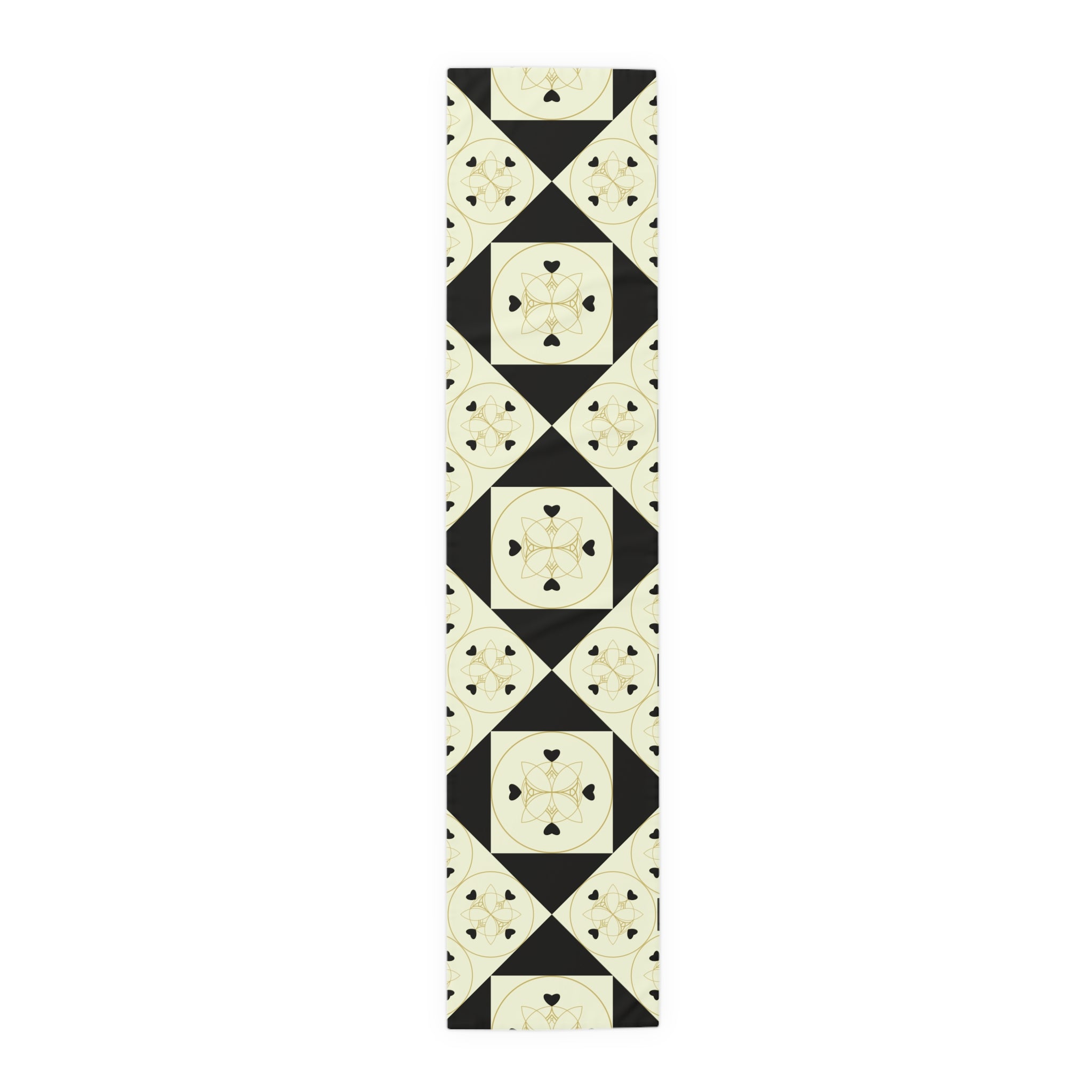 Geometric Heart Quilt Table Runner — Black & Cream Modern Farmhouse Decor