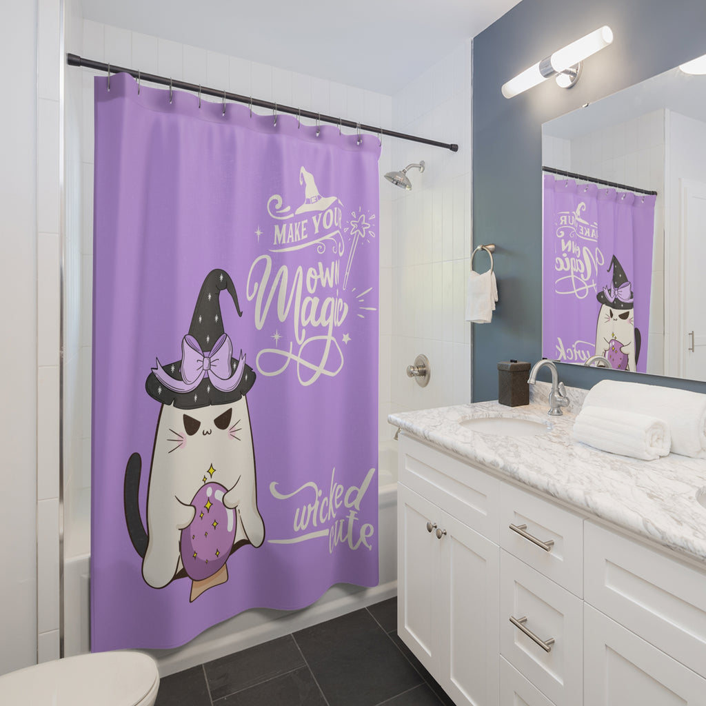 Wicked Cute Witch Cat Shower Curtain — "Make Your Own Magic" Purple Halloween Decor