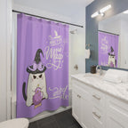 Wicked Cute Witch Cat Shower Curtain — "Make Your Own Magic" Purple Halloween Decor