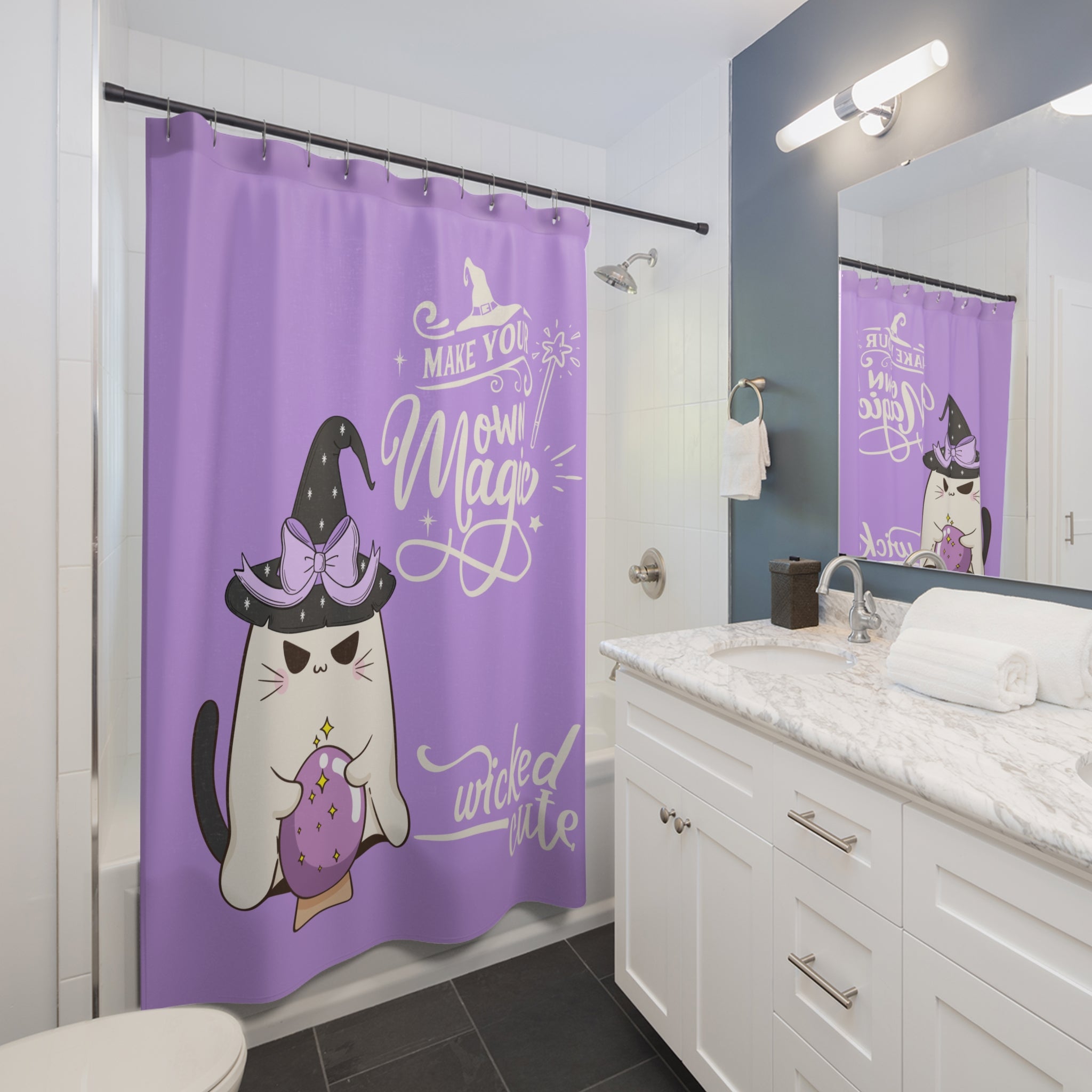 Wicked Cute Witch Cat Shower Curtain — "Make Your Own Magic" Purple Halloween Decor