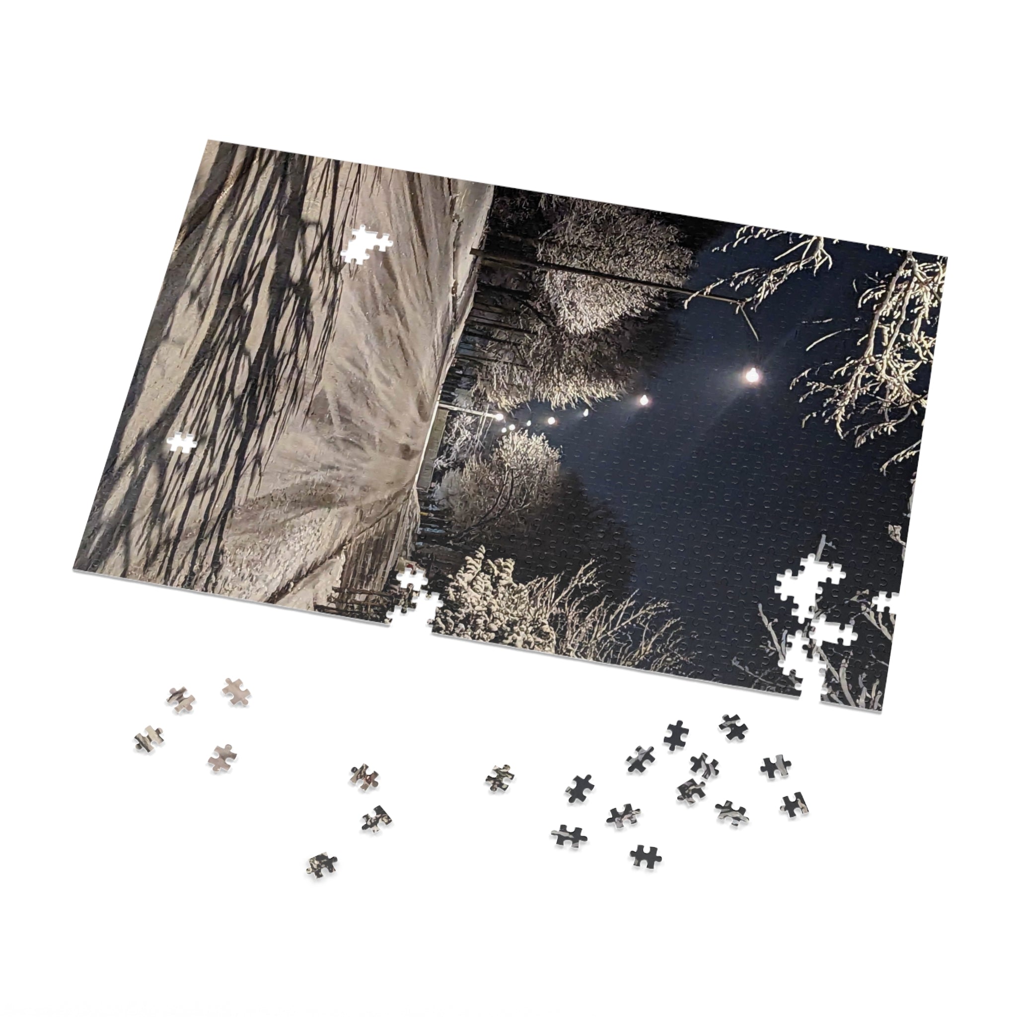 Snowy Winter Night Street Jigsaw Puzzle with Tin