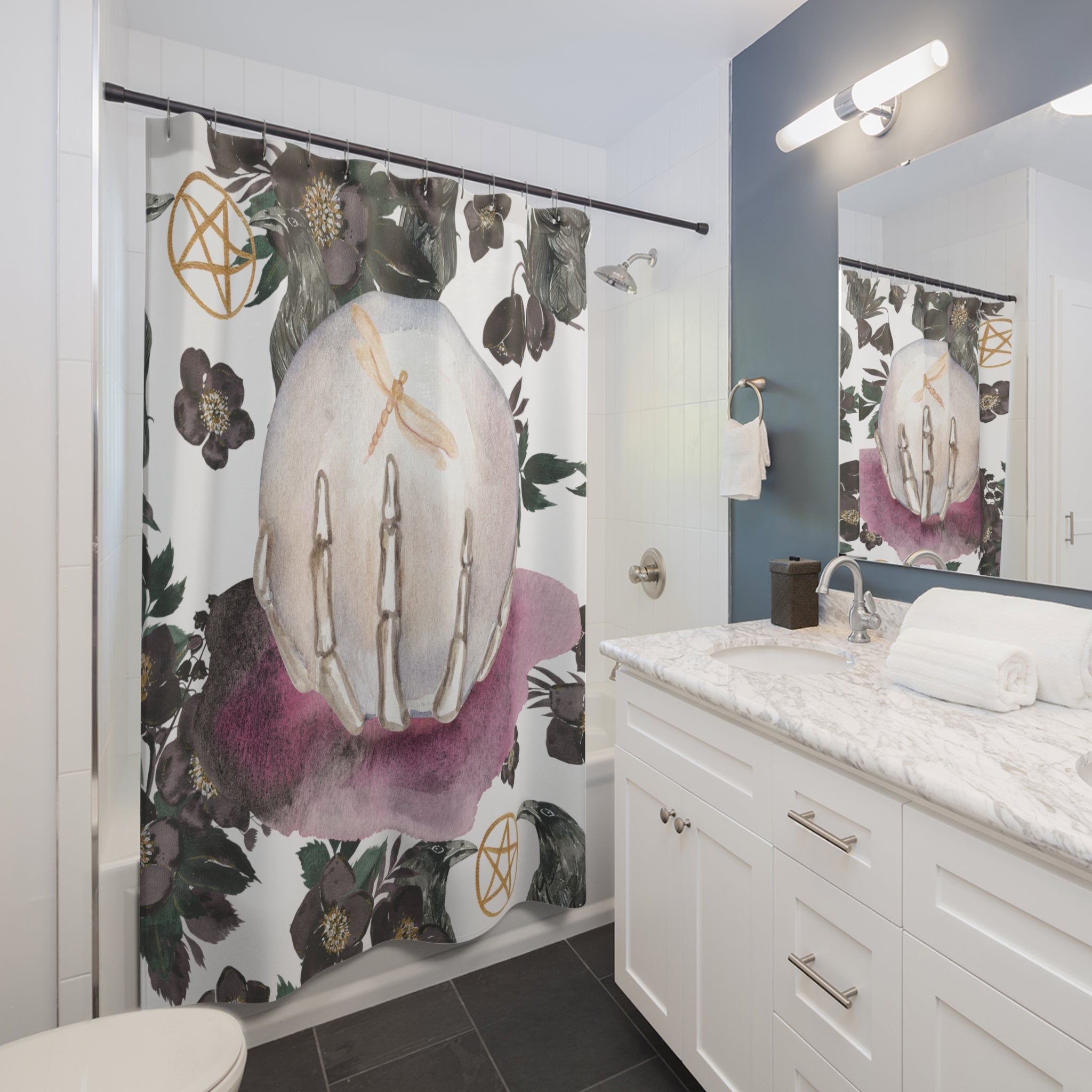 Witchy Crystal Ball Shower Curtain – Gothic Floral, Pentacle & Dragonfly Bath Decor