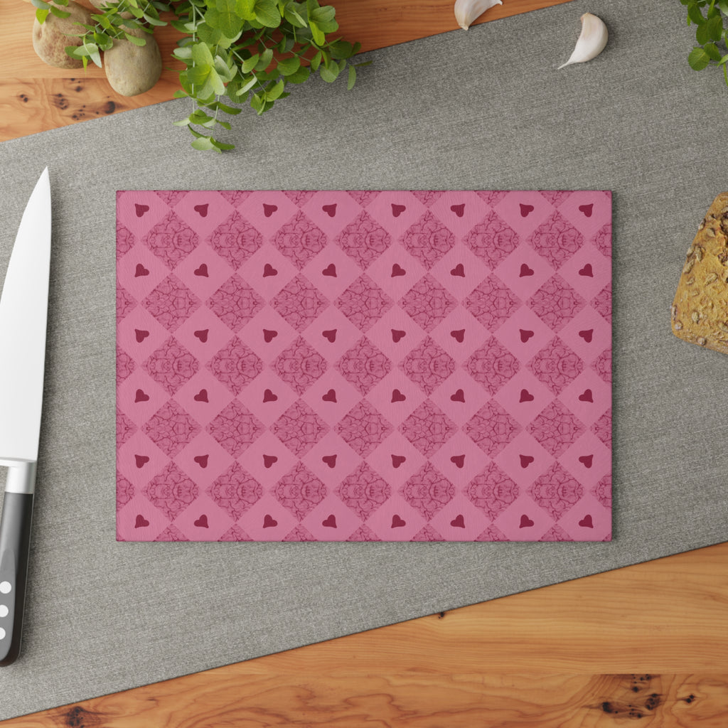 Pink Heart Pattern Glass Cutting Board — Decorative Kitchen Chopping Board