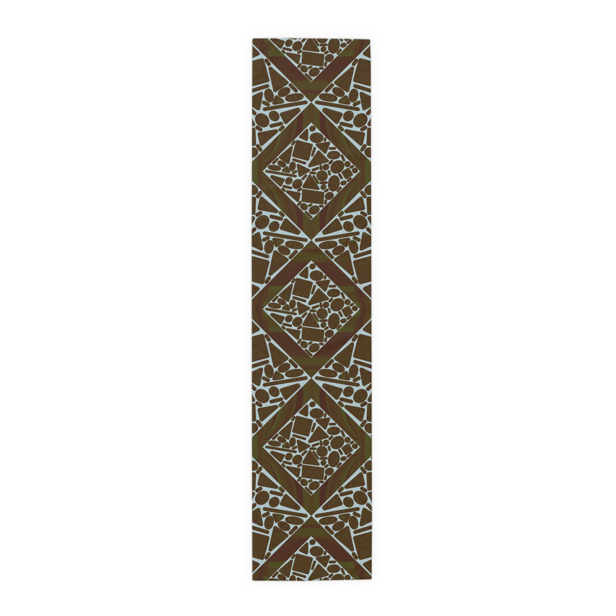 Geometric Mosaic Table Runner — Brown & Sage Decorative Dining Accent