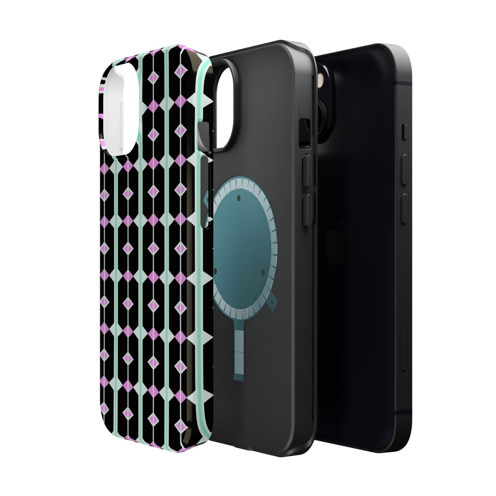 Geom Stripe Magnetic Phone Case — Black with Mint & Lavender Pattern