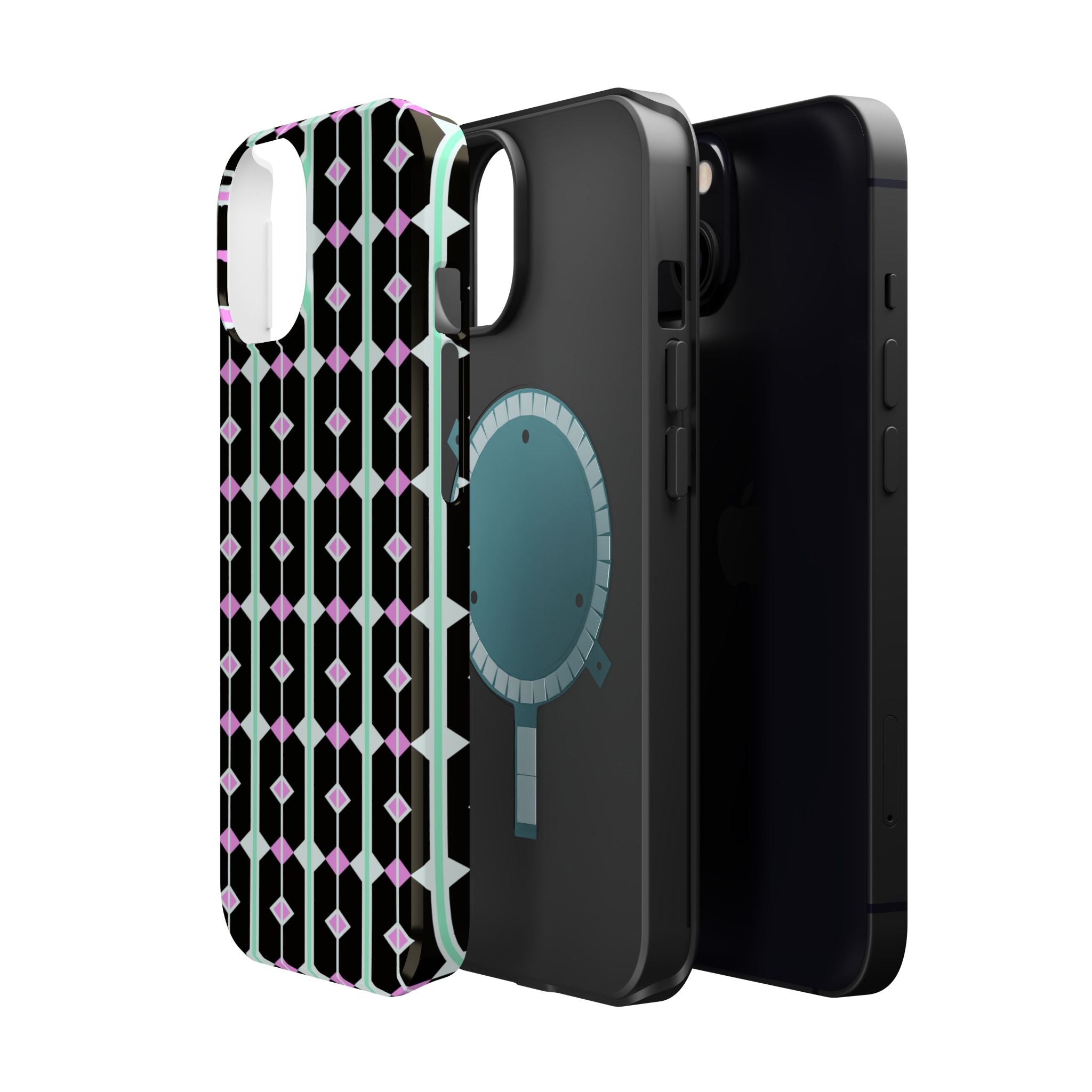 Geom Stripe Magnetic Phone Case — Black with Mint & Lavender Pattern