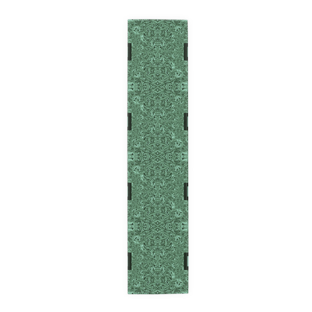 Emerald Marble Table Runner — Green Swirl Cotton-Poly Dining Decor