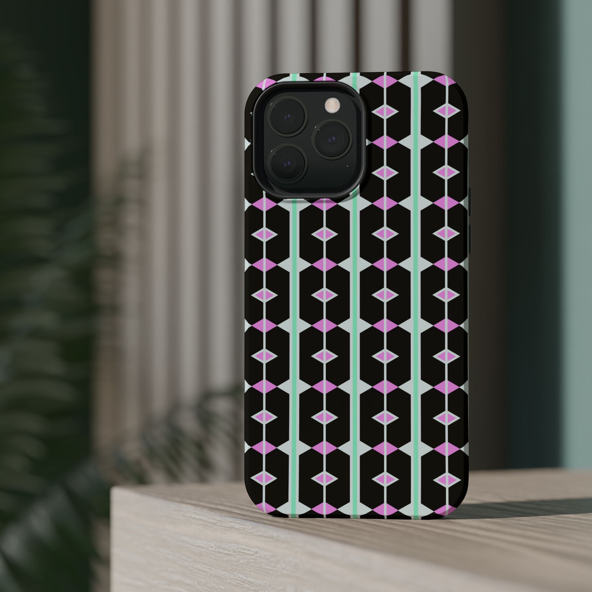 Geom Stripe Magnetic Phone Case — Black with Mint & Lavender Pattern