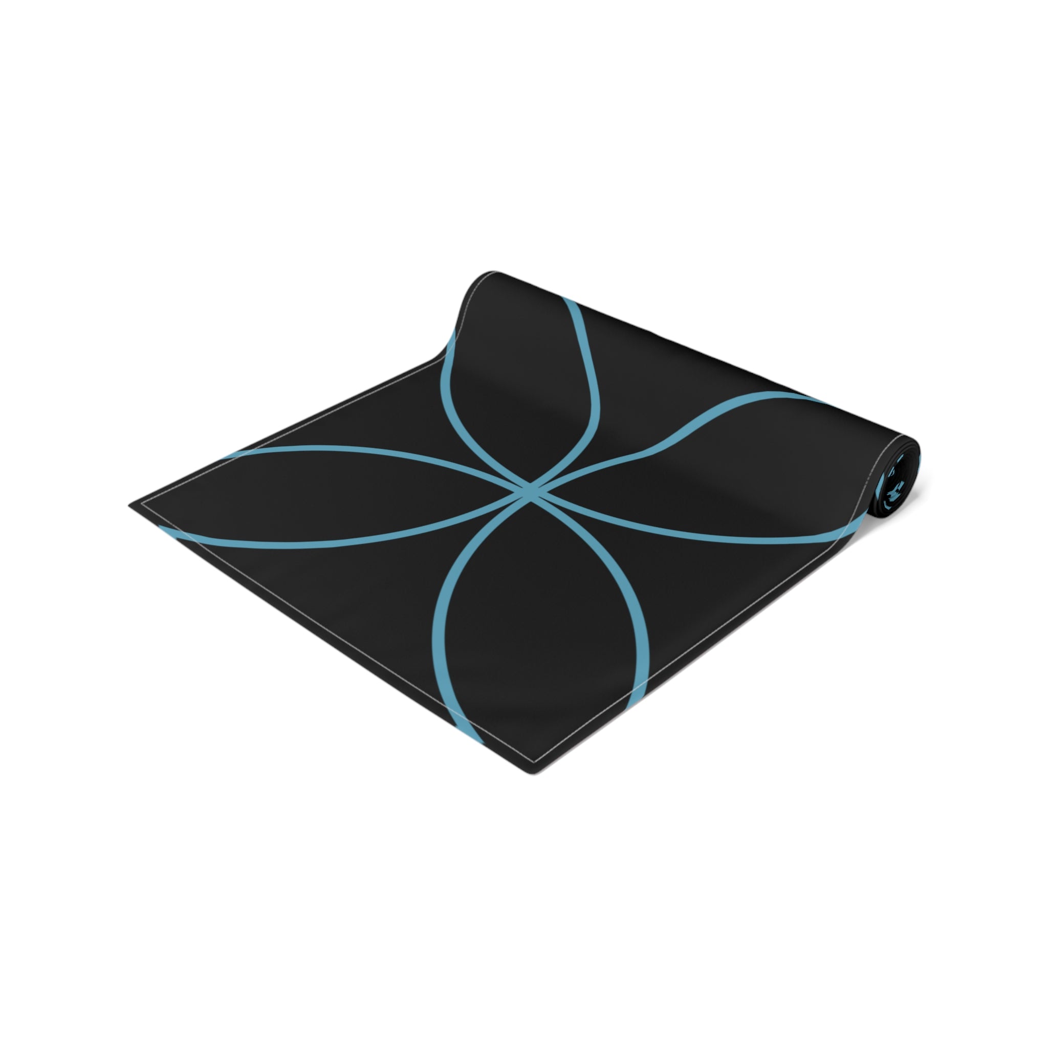 Modern Geometric Table Runner — Black with Blue Interlocking Circles