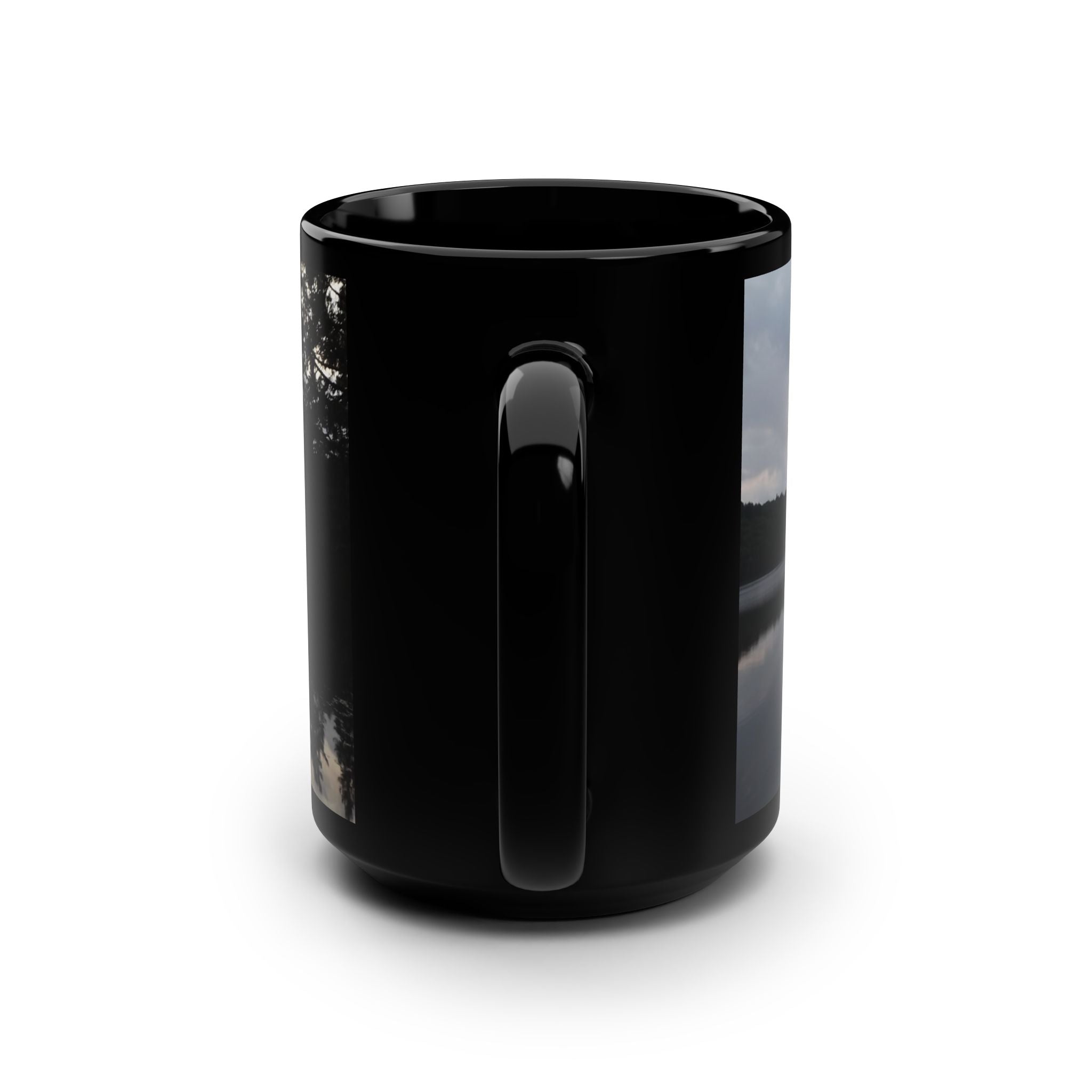 15oz Black Mug — Serene Lake Reflection Photo Coffee Cup
