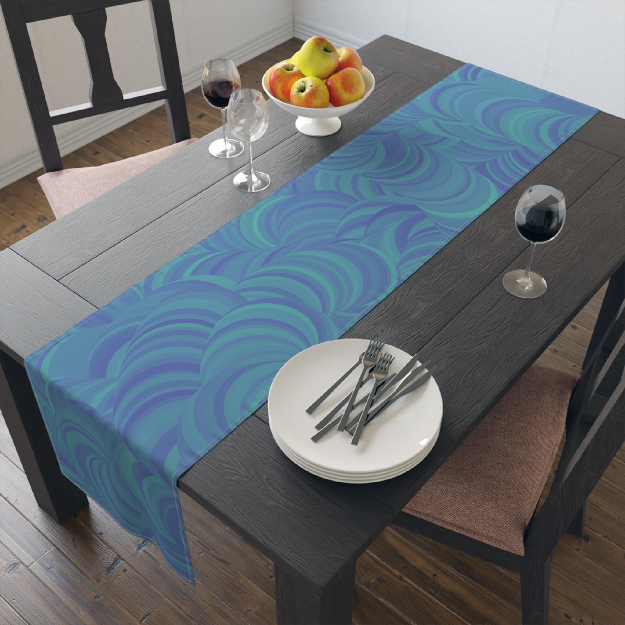 Blue Teal Swirl Table Runner — Abstract Coastal Pattern for Dining & Entertaining