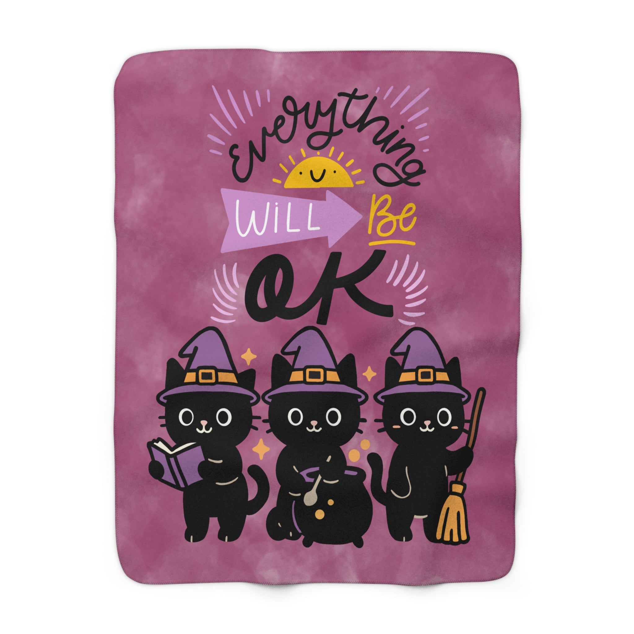 Everything Will Be OK Sherpa Blanket — Cute Witch Cat Cozy Throw