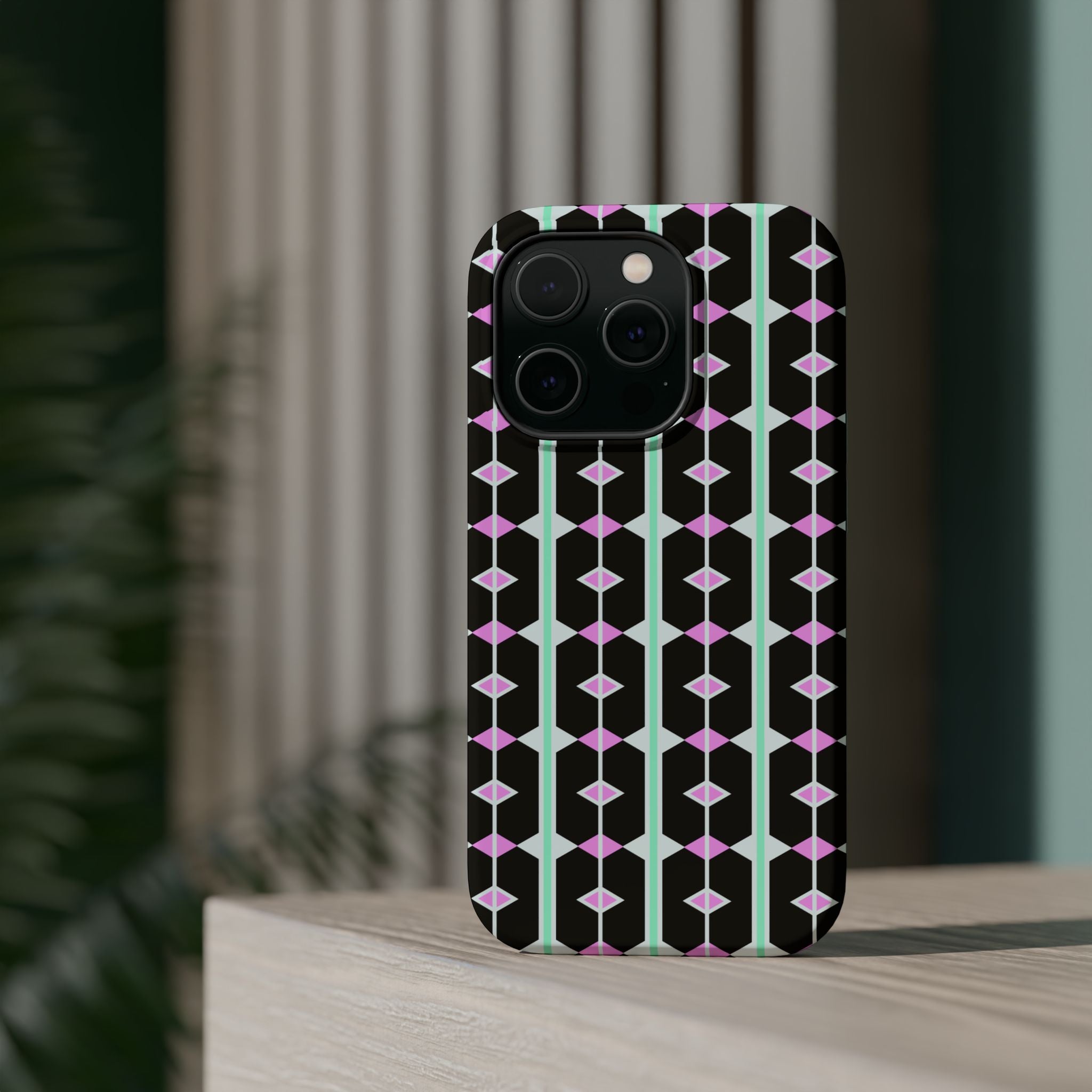Geom Stripe Magnetic Phone Case — Black with Mint & Lavender Pattern