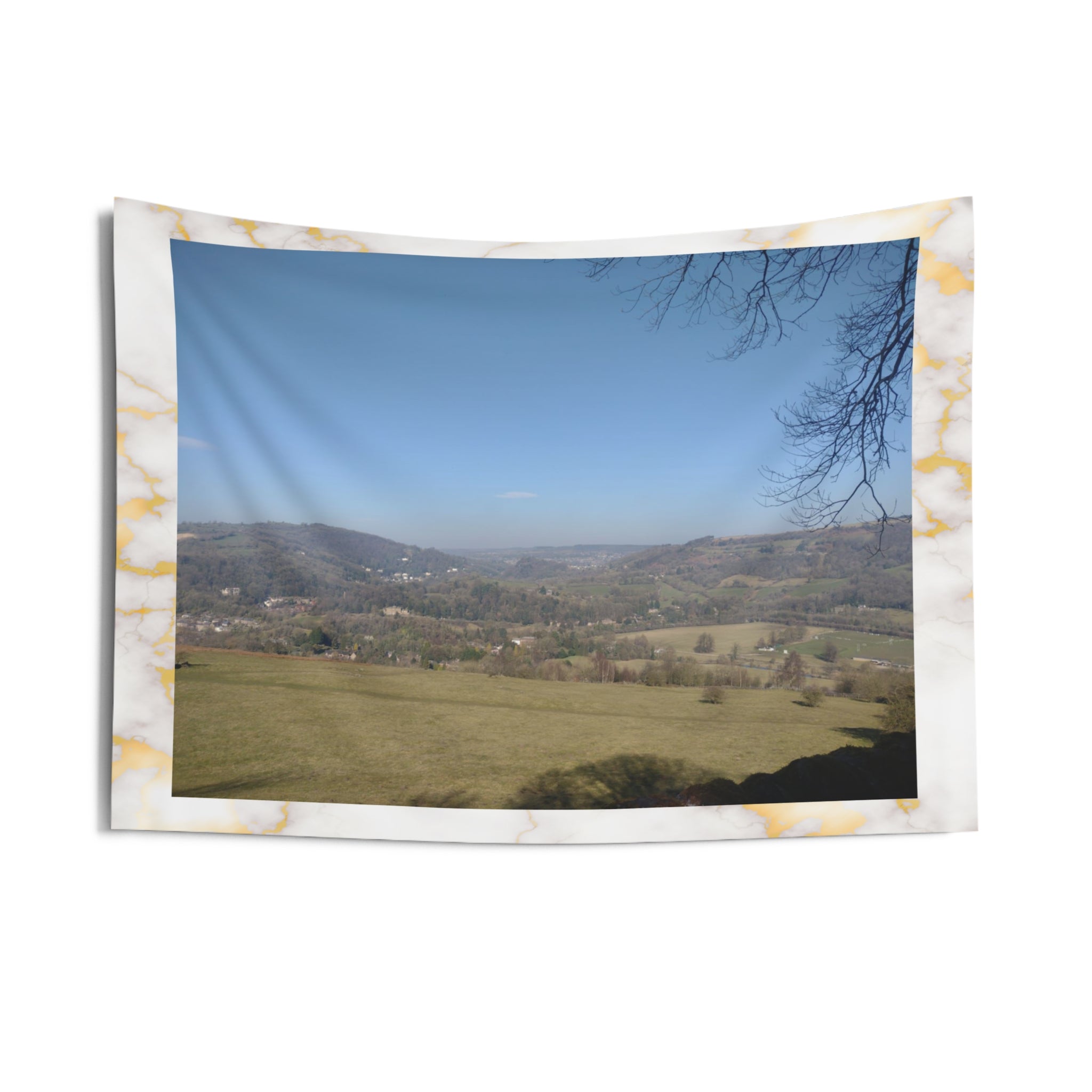 Scenic Valley in the United Kingdom Wall Tapestry — Marble Border Landscape Decor