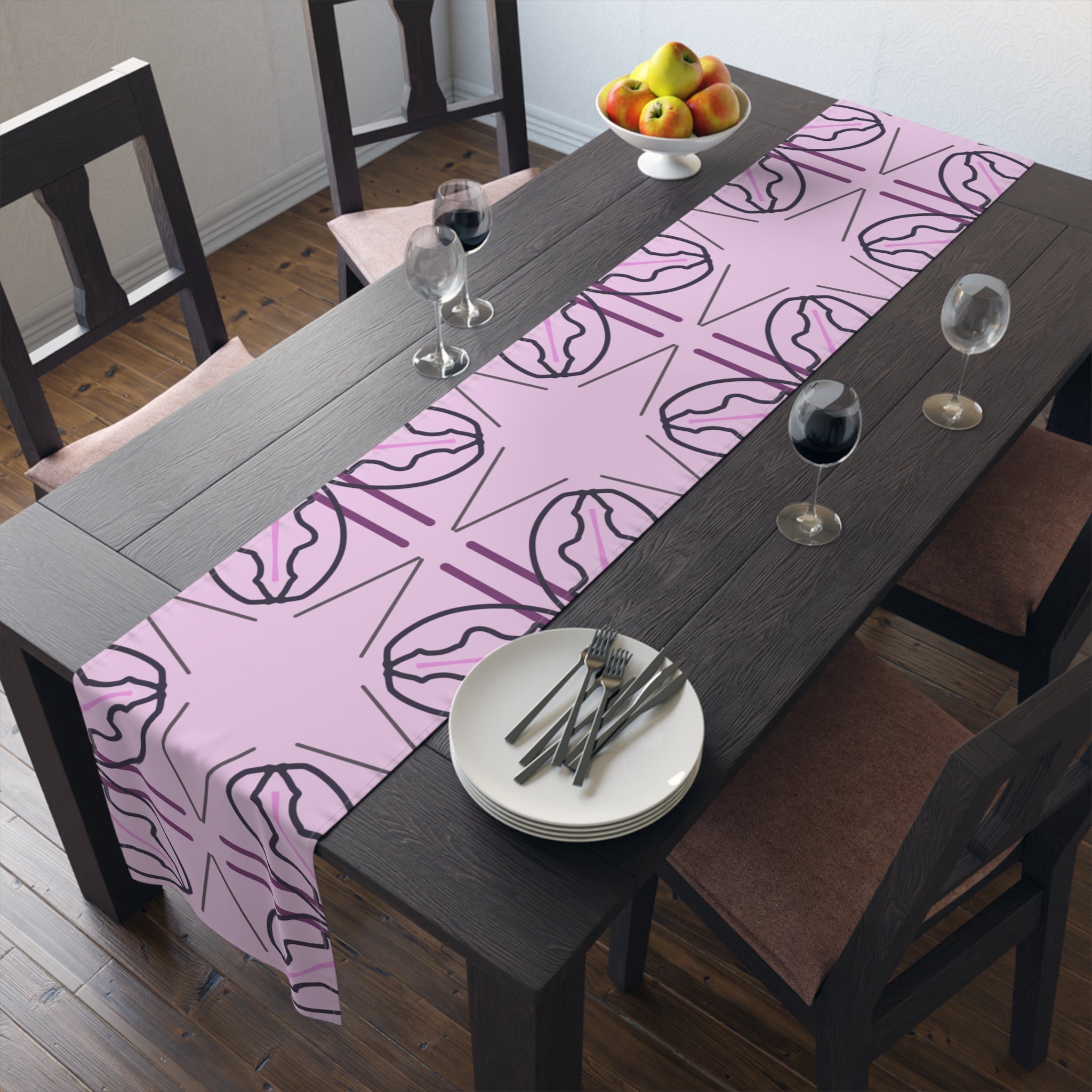Pink Floral Geometric Table Runner — Modern Blossom Dining Decor