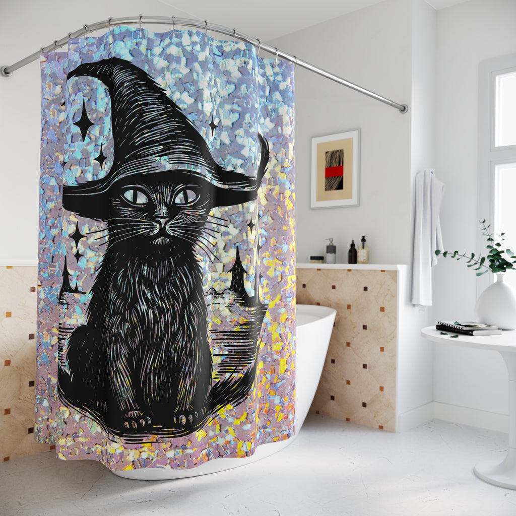 Holographic Witch Cat Shower Curtain — Black Cat in Witch Hat Halloween Bathroom Decor