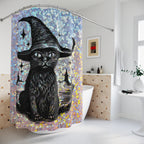 Holographic Witch Cat Shower Curtain — Black Cat in Witch Hat Halloween Bathroom Decor