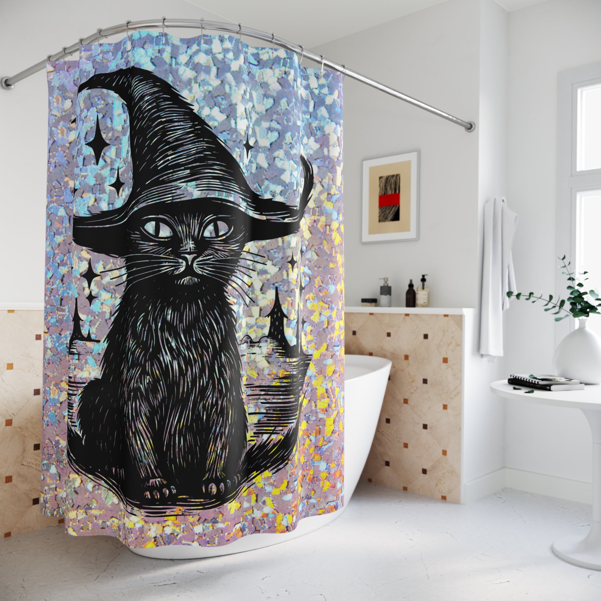 Holographic Witch Cat Shower Curtain — Black Cat in Witch Hat Halloween Bathroom Decor