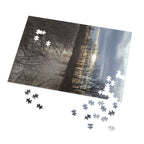 Scenic Winter Marsh Jigsaw Puzzle with Tin - Tranquil Lake Sunset