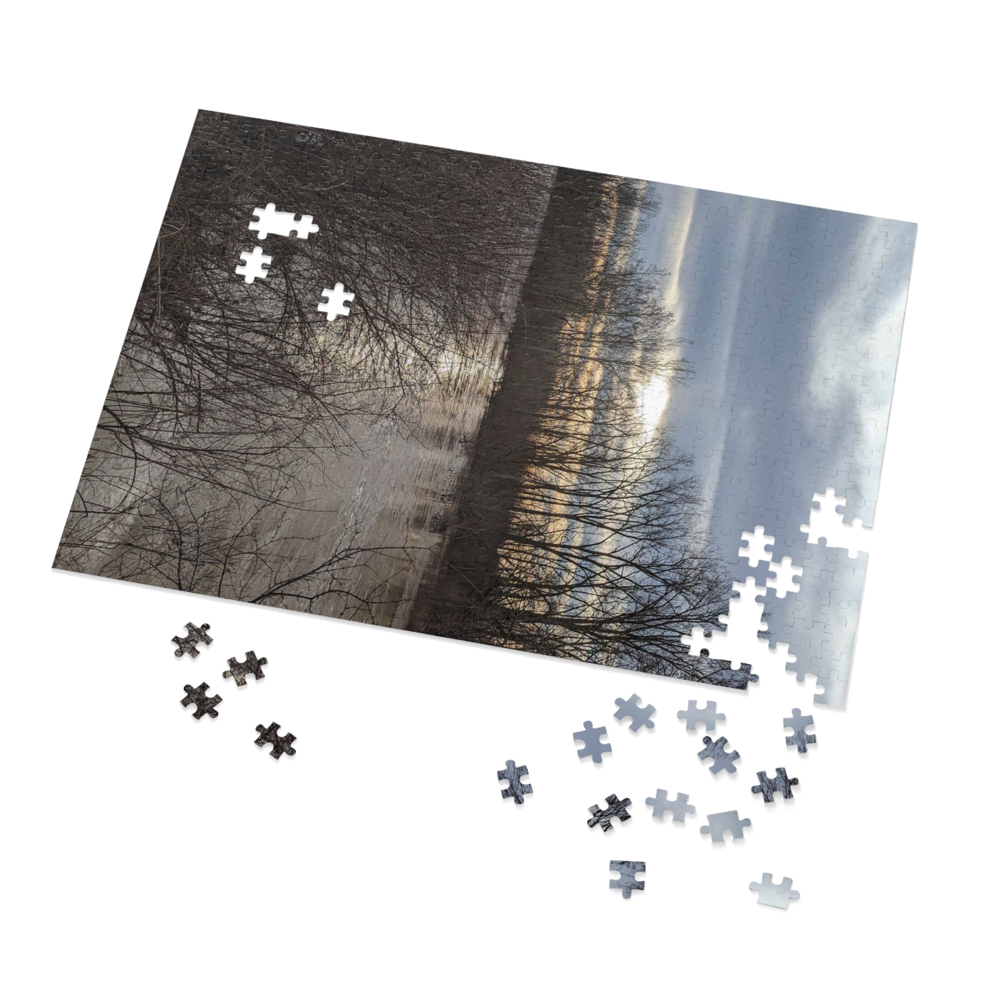 Scenic Winter Marsh Jigsaw Puzzle with Tin - Tranquil Lake Sunset