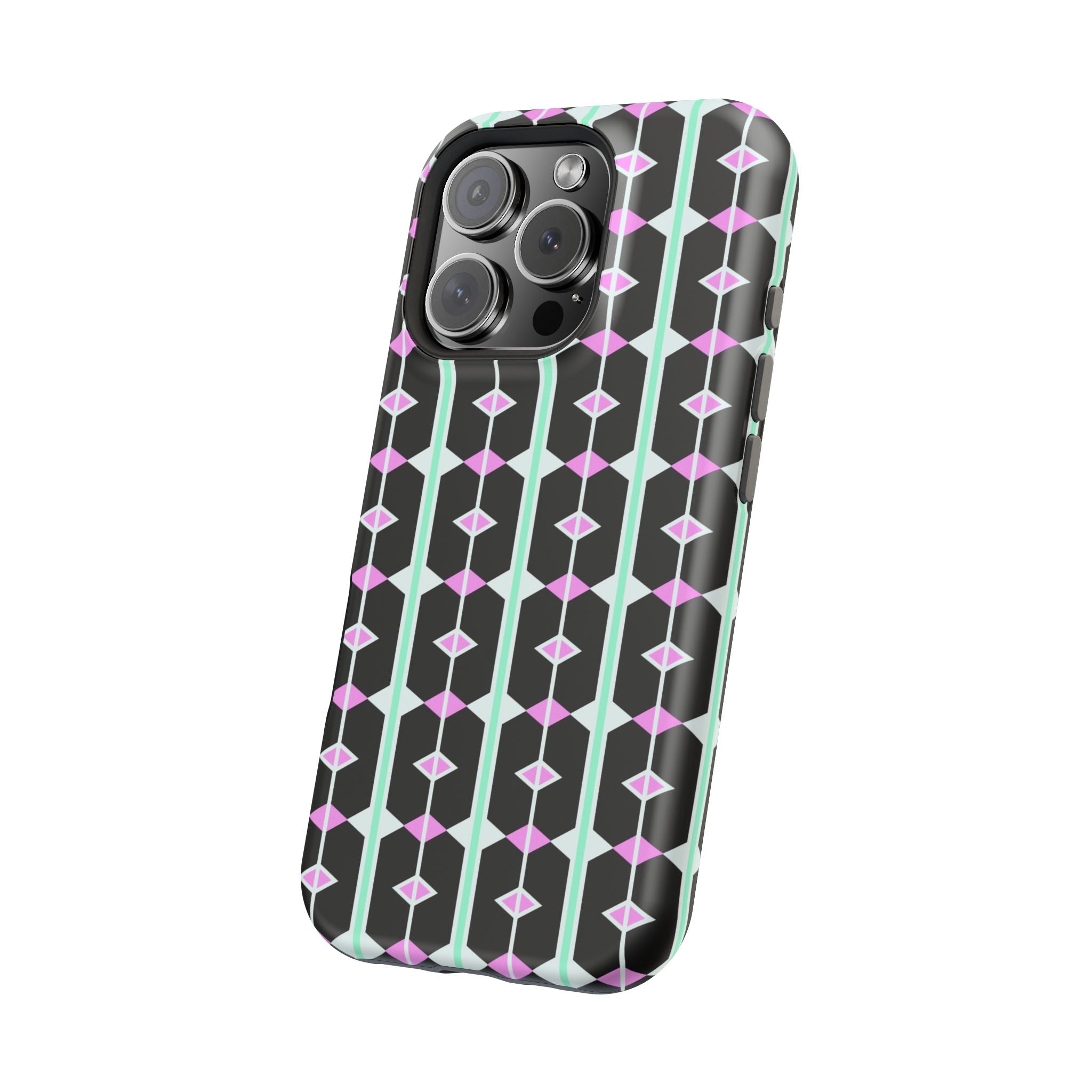Geom Stripe Magnetic Phone Case — Black with Mint & Lavender Pattern