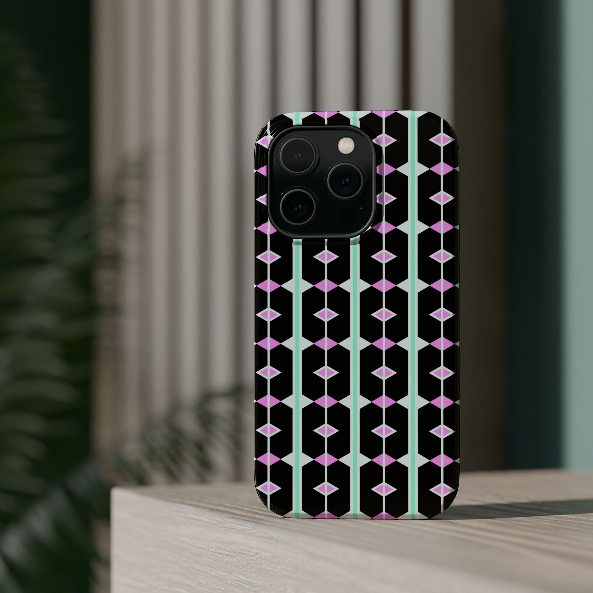 Geom Stripe Magnetic Phone Case — Black with Mint & Lavender Pattern