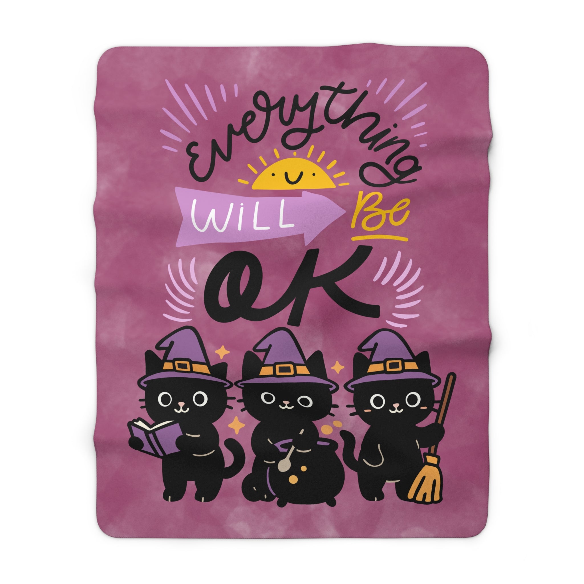 Everything Will Be OK Sherpa Blanket — Cute Witch Cat Cozy Throw