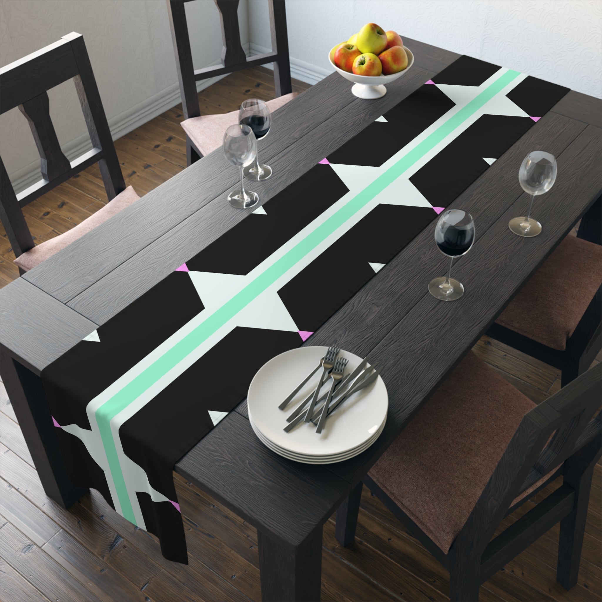 Geometric Pastel Stripe Table Runner — Modern Black, Mint & Pink Dining Accent