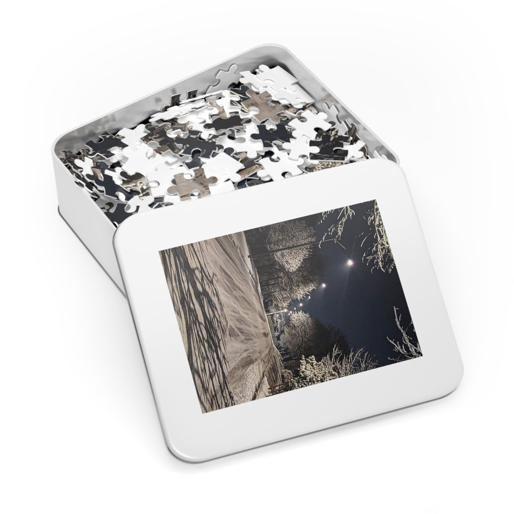Snowy Winter Night Street Jigsaw Puzzle with Tin