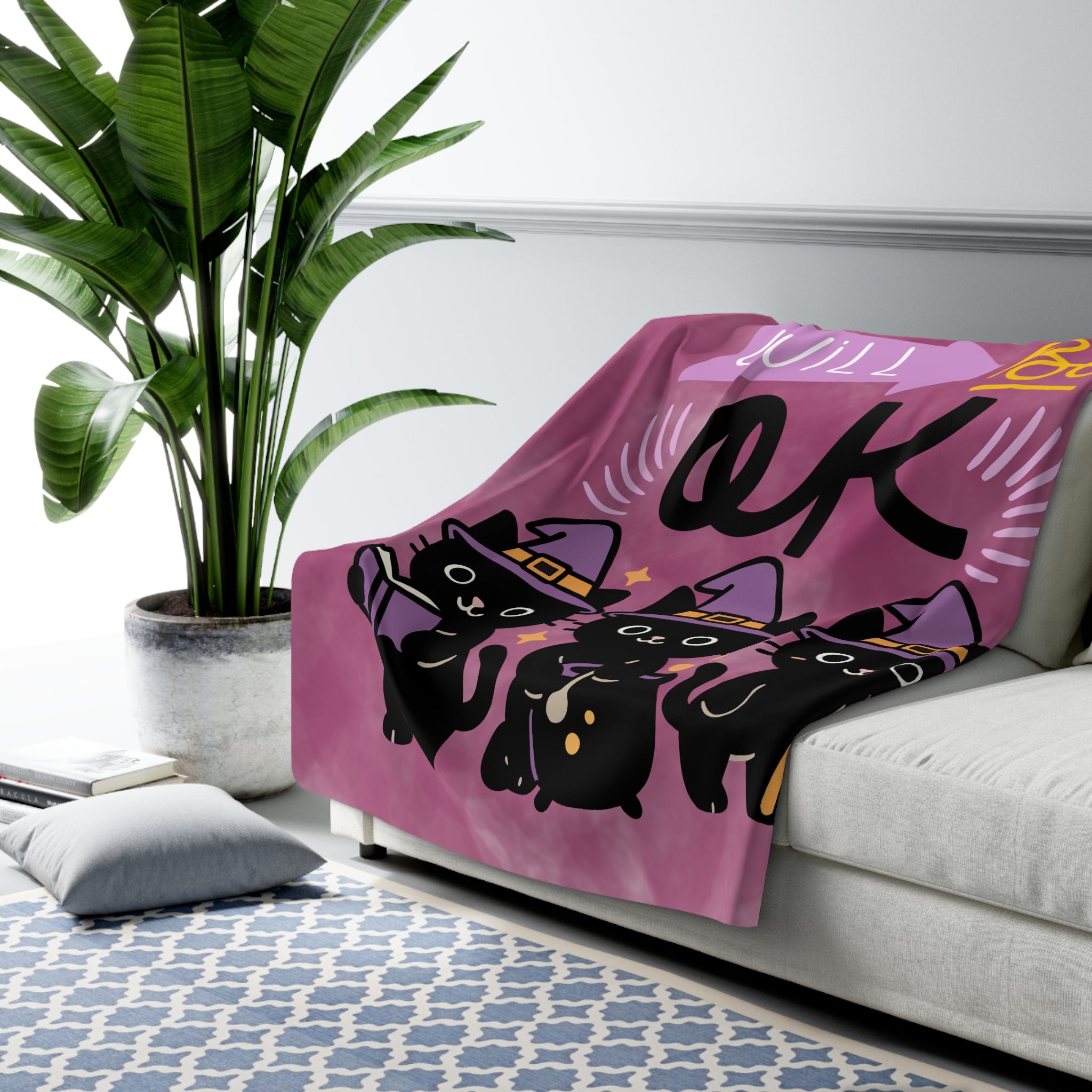 Everything Will Be OK Sherpa Blanket — Cute Witch Cat Cozy Throw