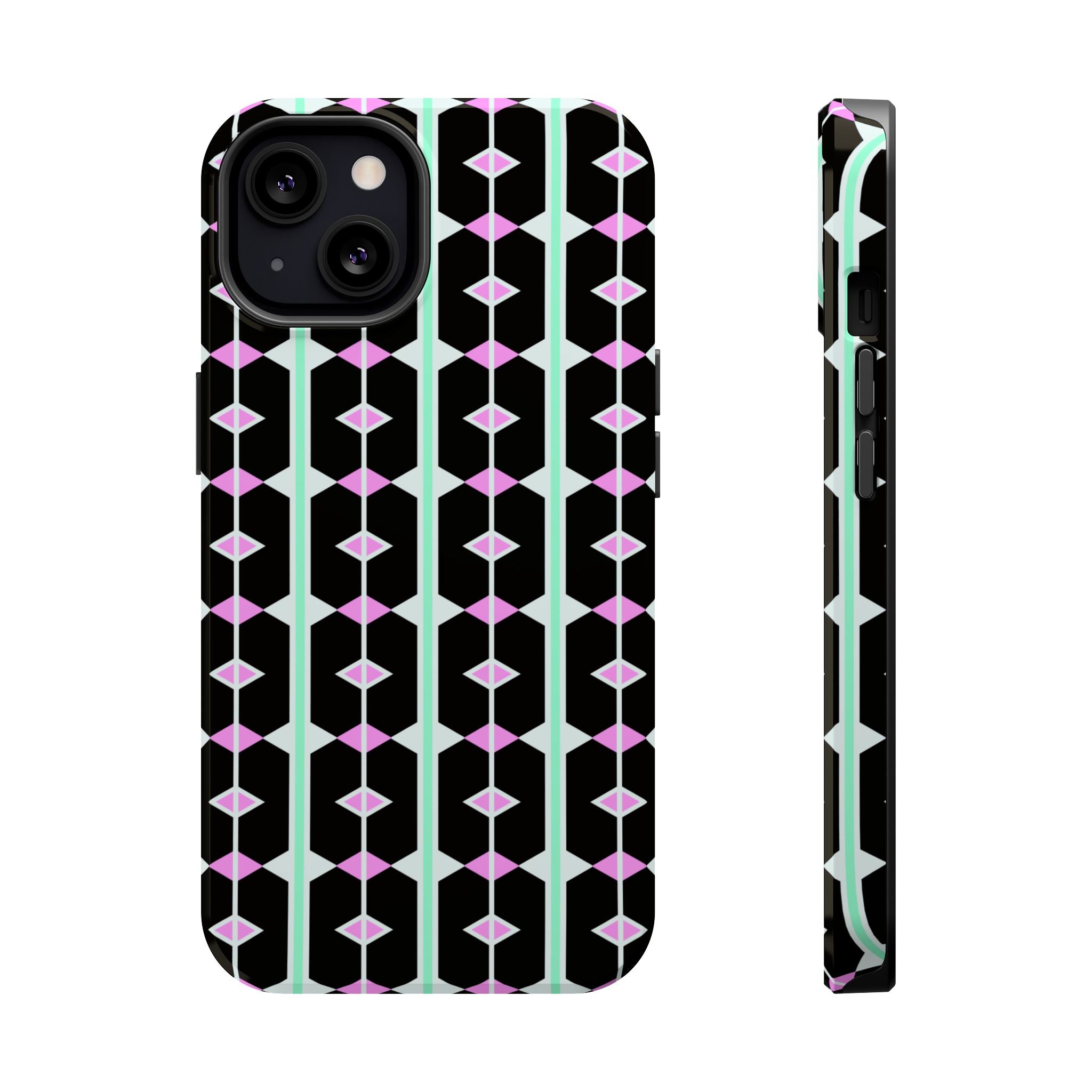 Geom Stripe Magnetic Phone Case — Black with Mint & Lavender Pattern