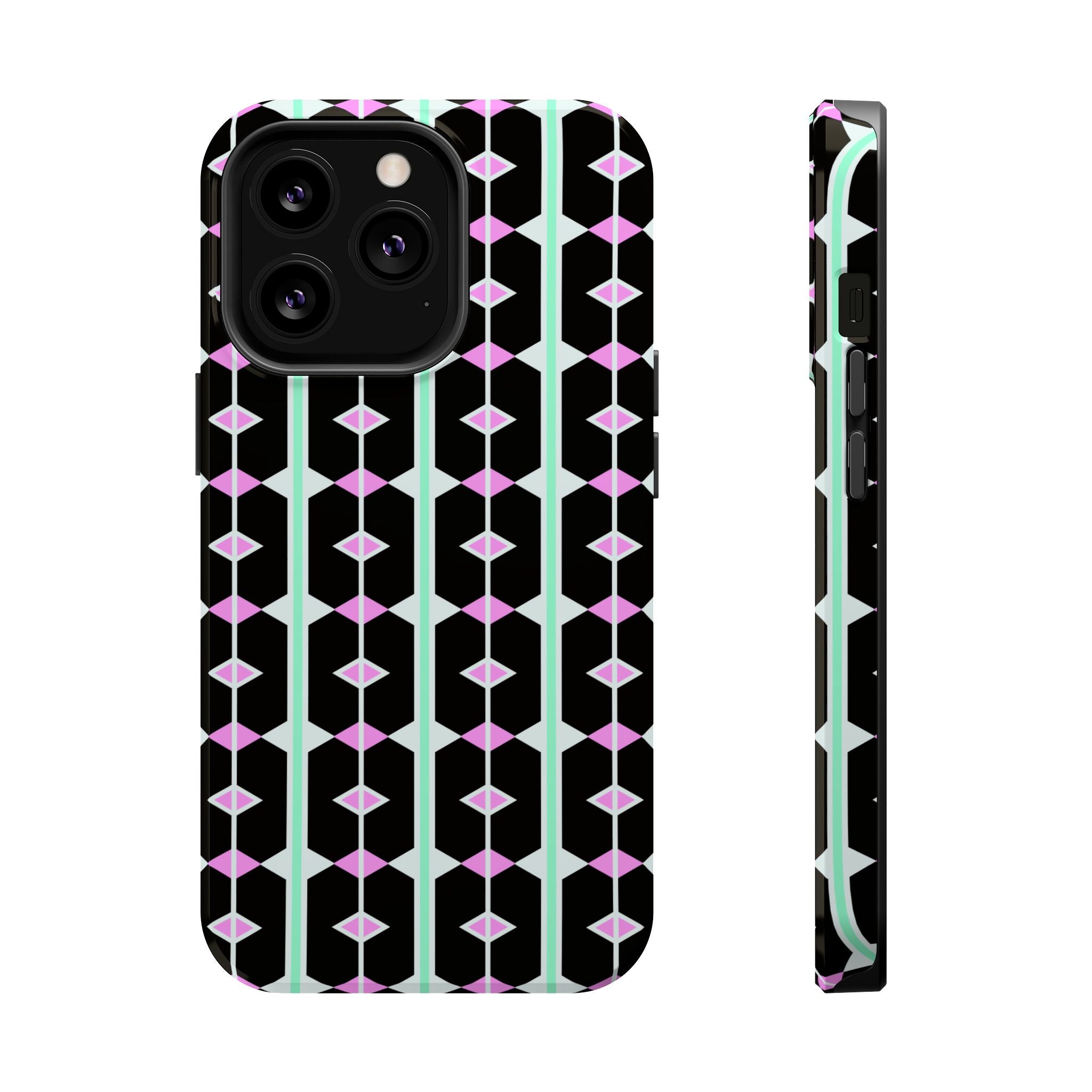Geom Stripe Magnetic Phone Case — Black with Mint & Lavender Pattern