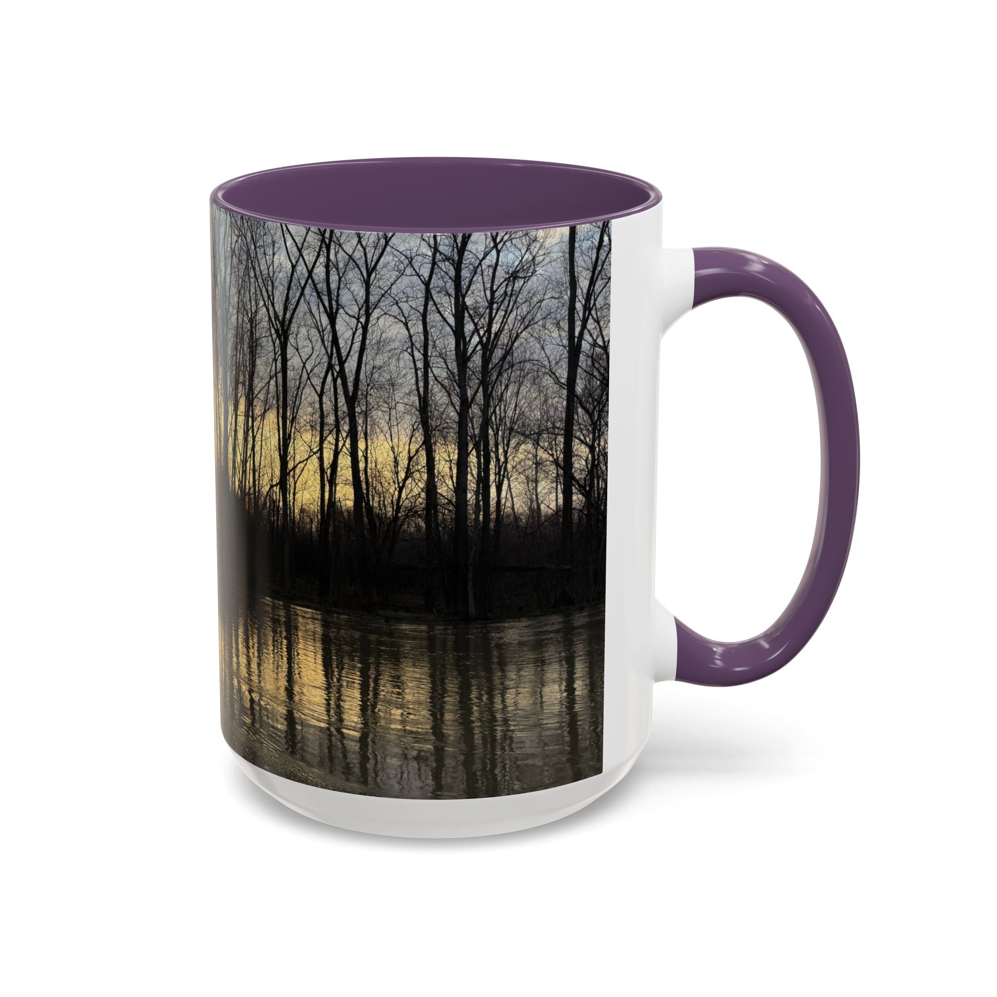 Sunset Reflection Coffee Mug — Forest Silhouette Accent Mug
