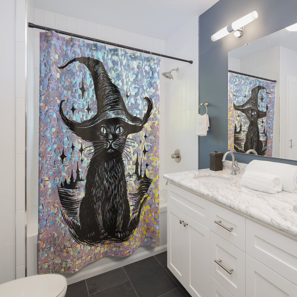 Holographic Witch Cat Shower Curtain — Black Cat in Witch Hat Halloween Bathroom Decor