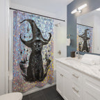 Holographic Witch Cat Shower Curtain — Black Cat in Witch Hat Halloween Bathroom Decor