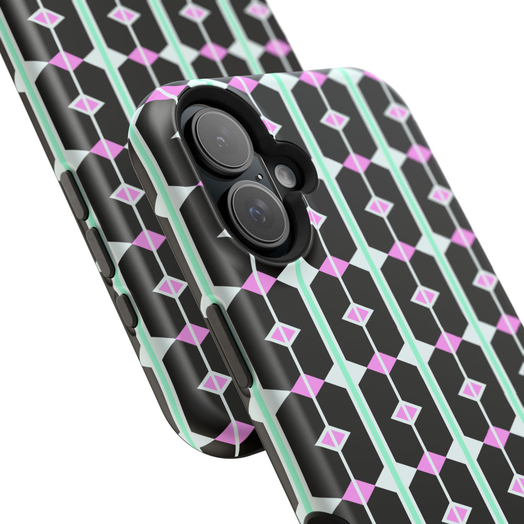 Geom Stripe Magnetic Phone Case — Black with Mint & Lavender Pattern
