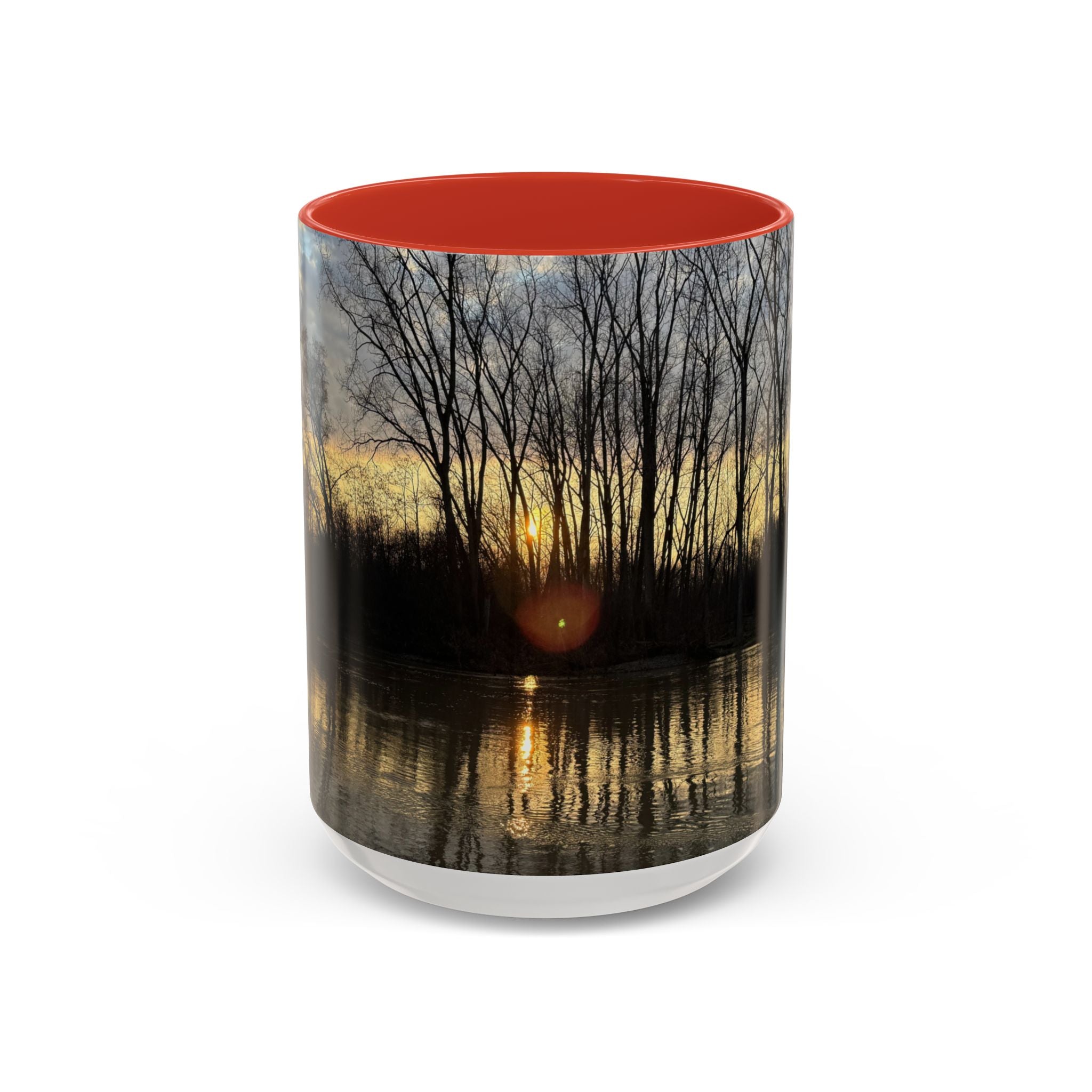 Sunset Reflection Coffee Mug — Forest Silhouette Accent Mug