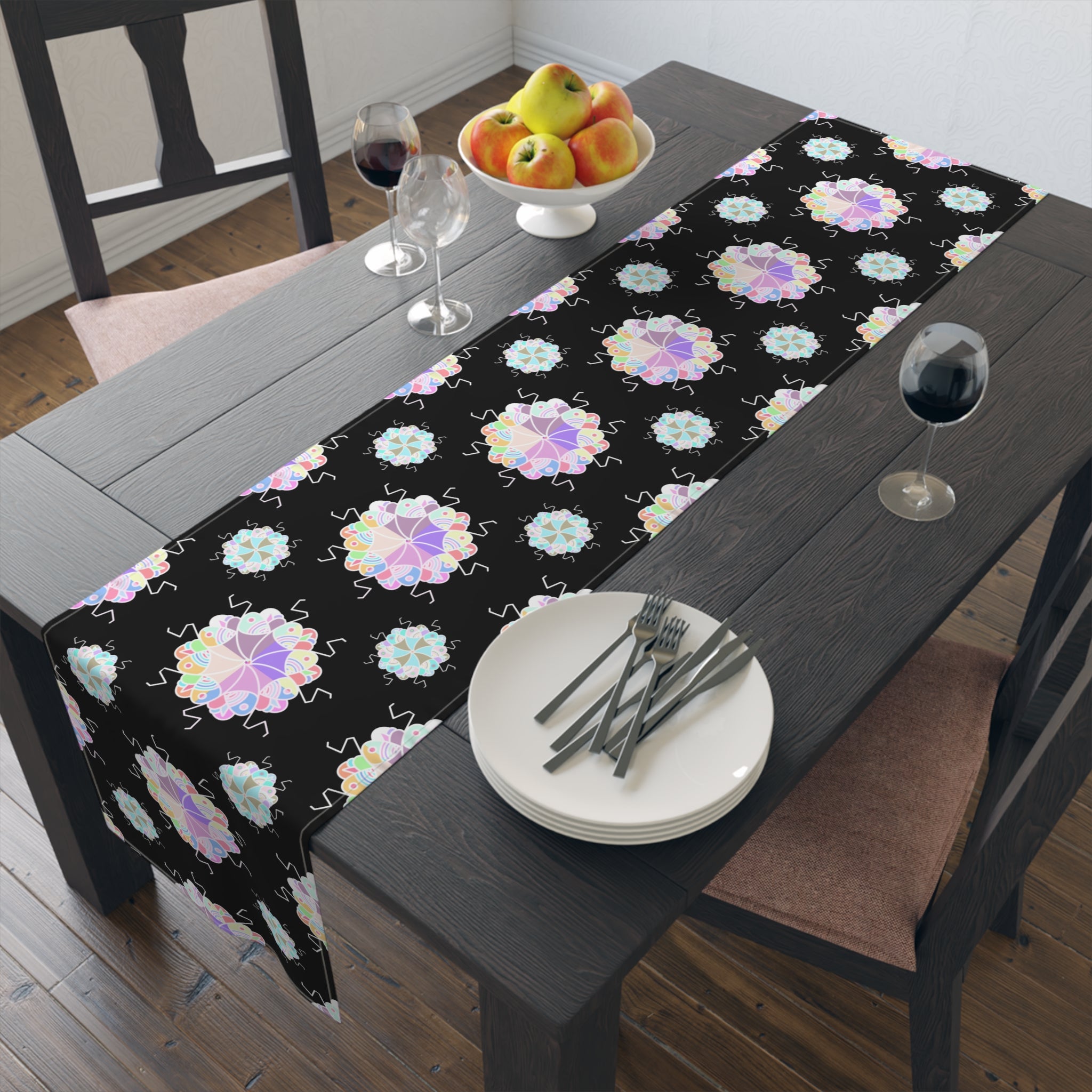 Black Floral Mandala Table Runner – Pastel Mosaic Dinner Party Decor