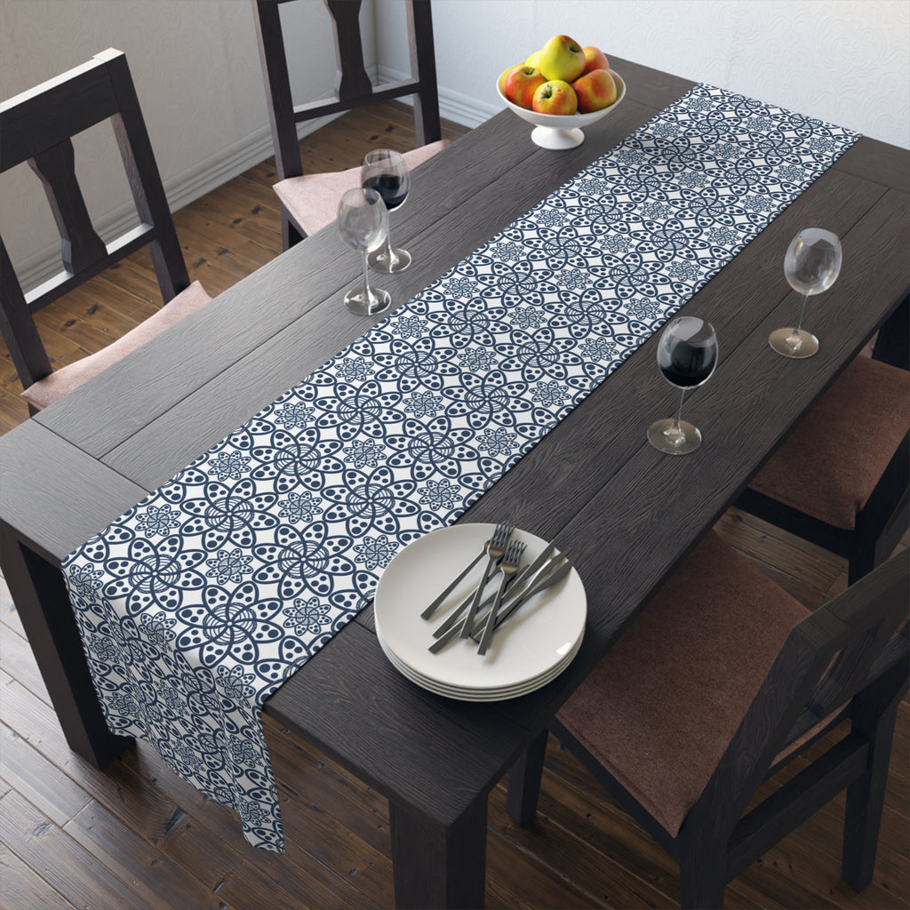 Blue Moroccan Tile Table Runner — Cotton-Poly Decorative Dining Accent