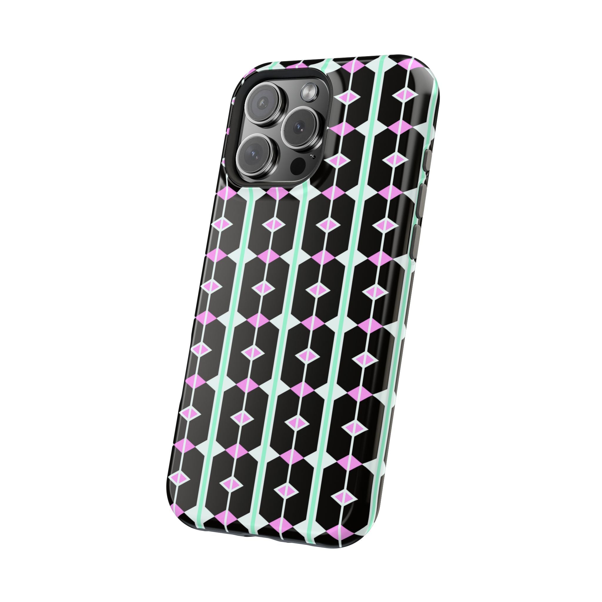 Geom Stripe Magnetic Phone Case — Black with Mint & Lavender Pattern