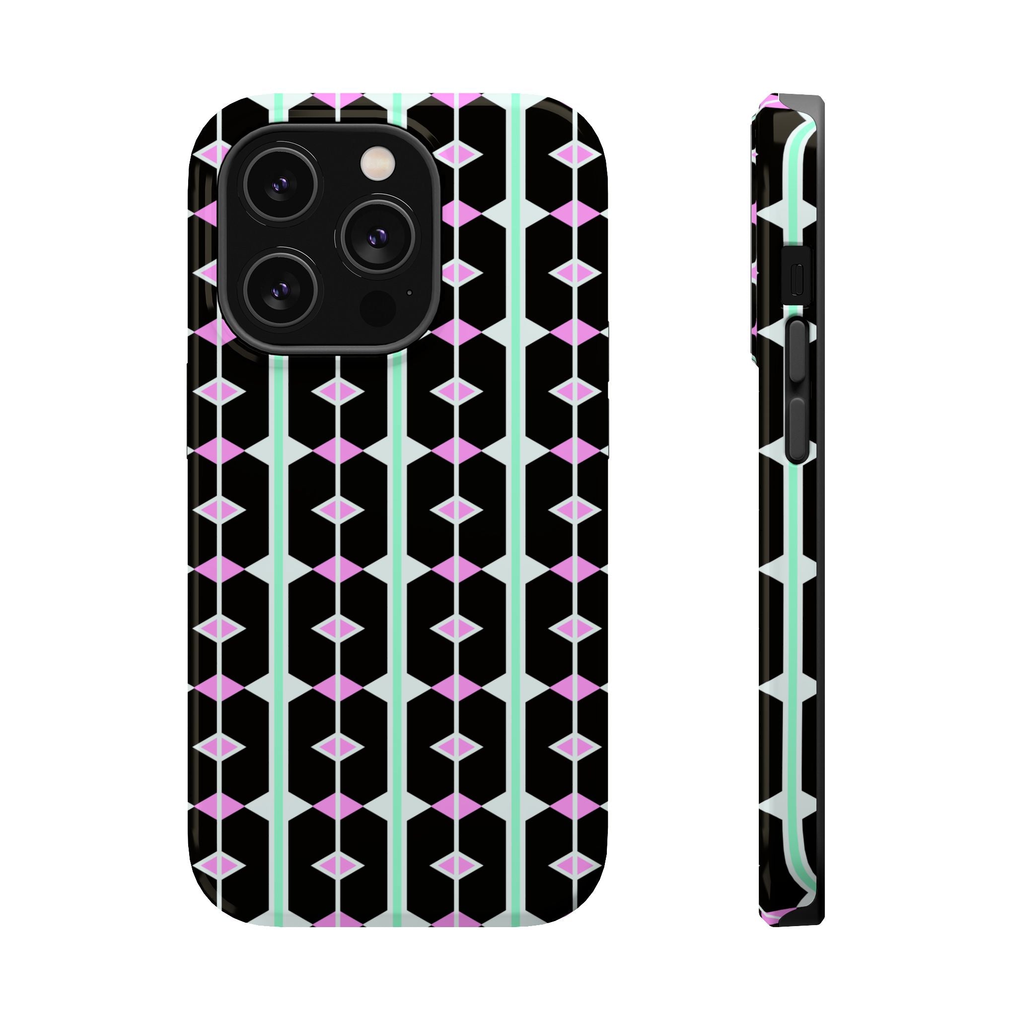 Geom Stripe Magnetic Phone Case — Black with Mint & Lavender Pattern