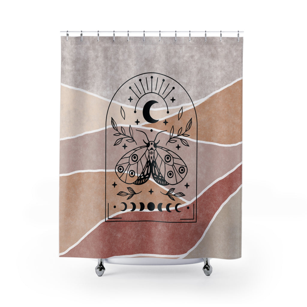 Boho Moon Moth Shower Curtain — Rustic Earth Tone Crescent Moon Bath Decor