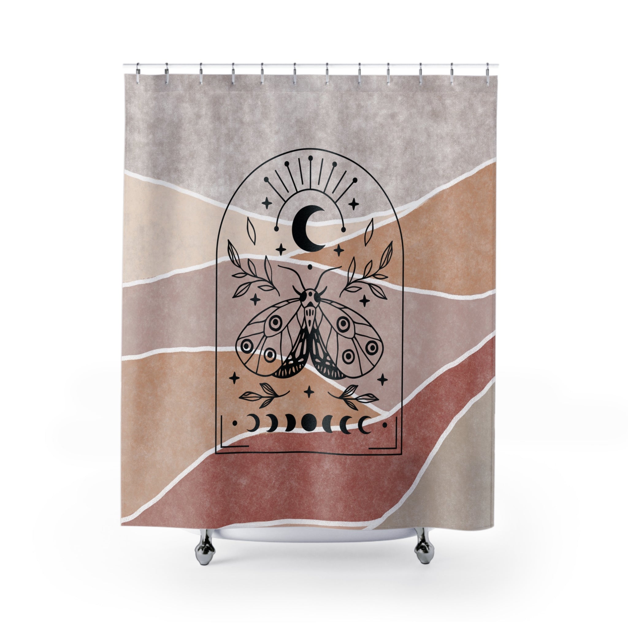Boho Moon Moth Shower Curtain — Rustic Earth Tone Crescent Moon Bath Decor