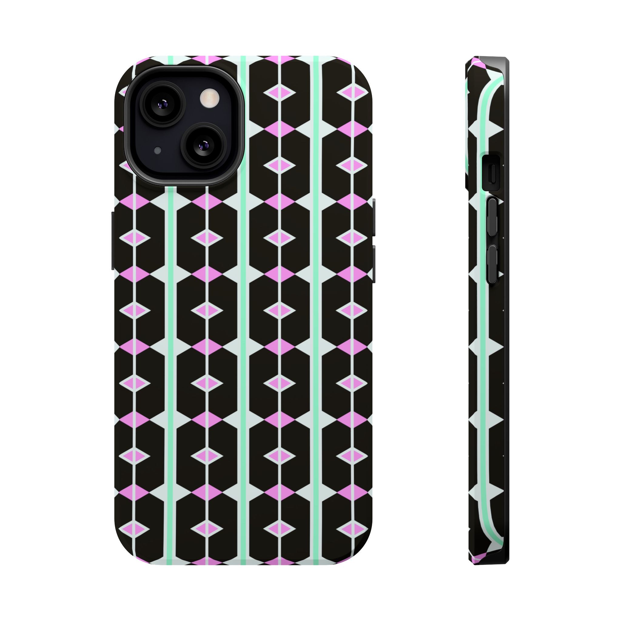 Geom Stripe Magnetic Phone Case — Black with Mint & Lavender Pattern