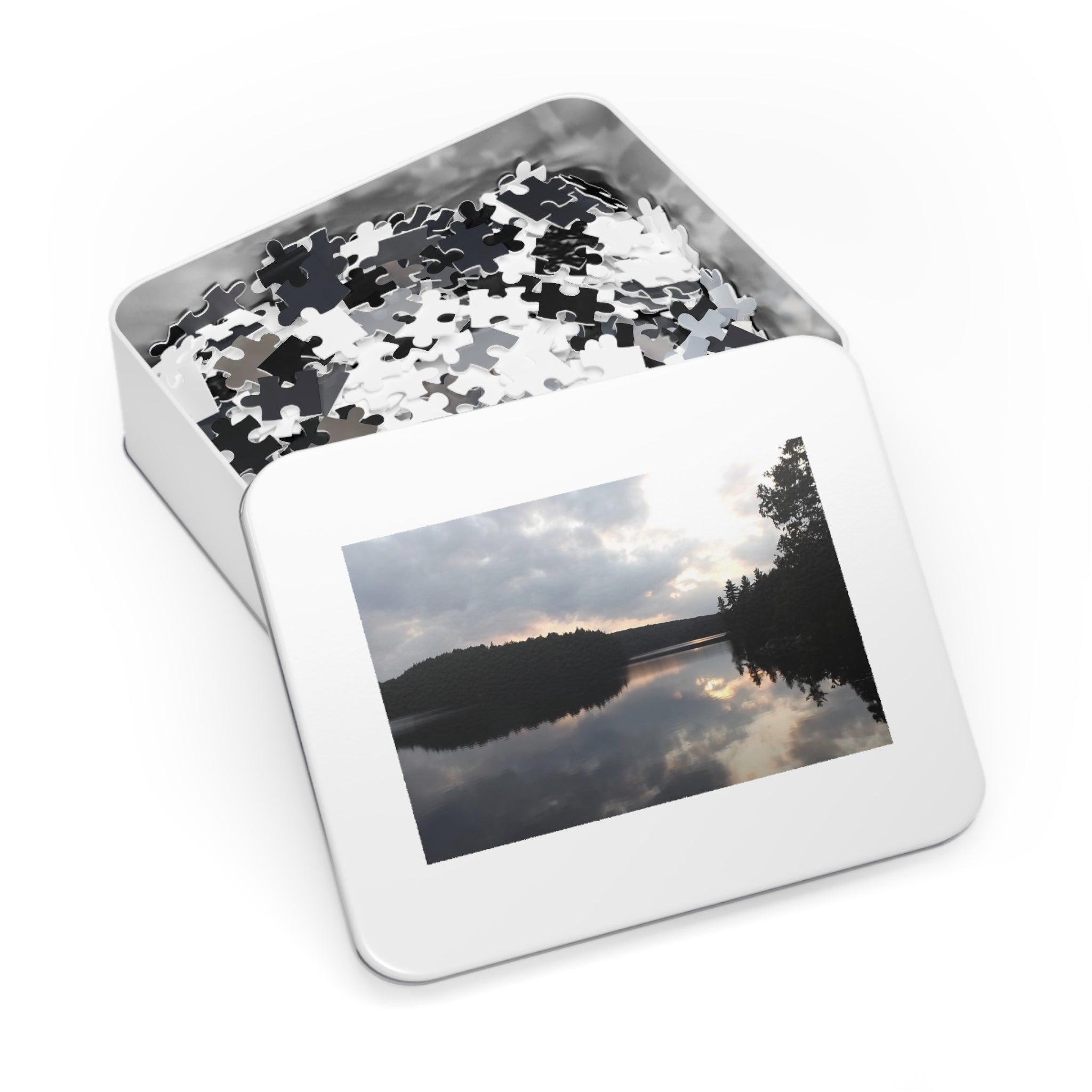 Lake Reflection Jigsaw Puzzle with Tin — Scenic Sunset Puzzle for Nature Lovers