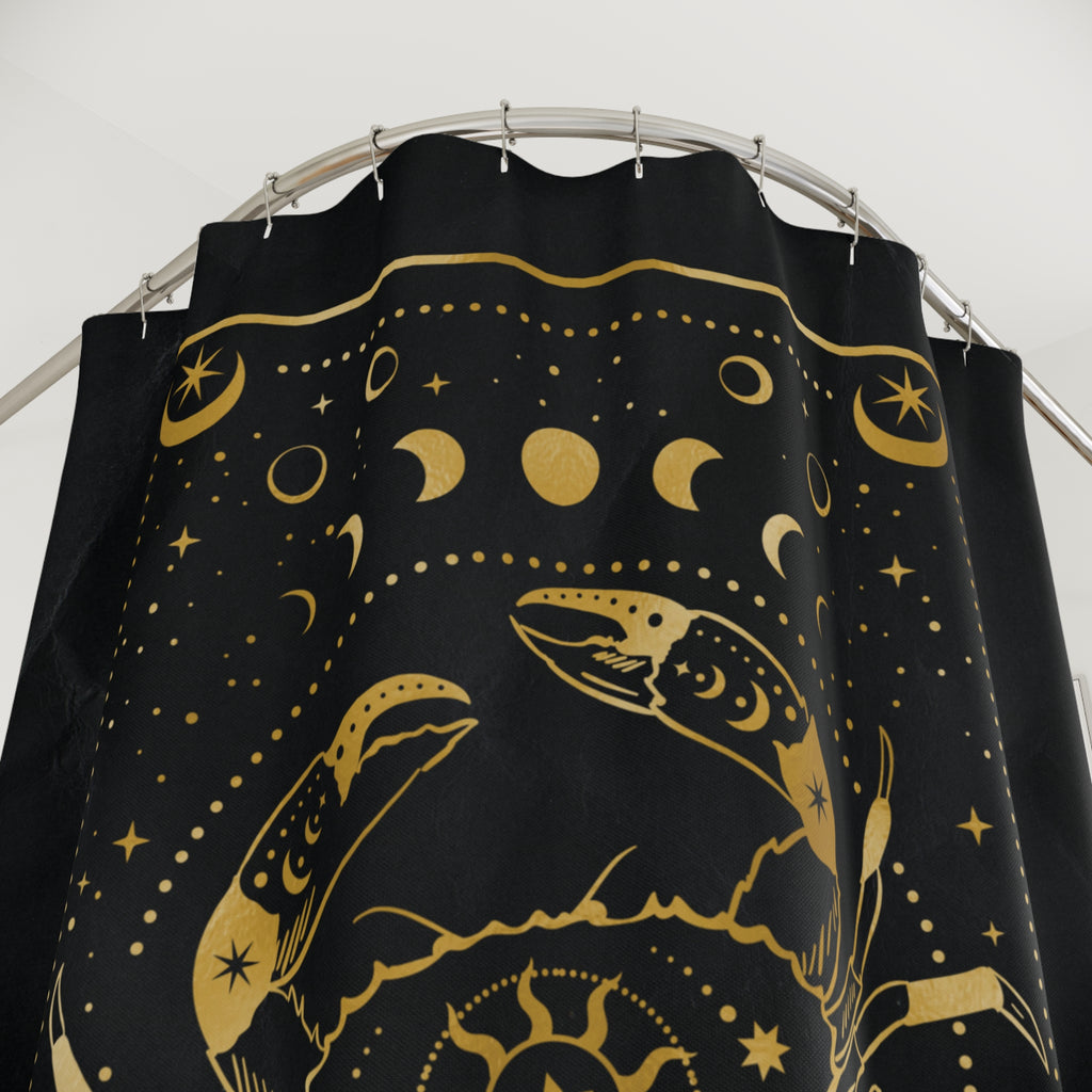 Cancer Zodiac Shower Curtain — Gold Celestial Crab Astrology Bathroom Decor