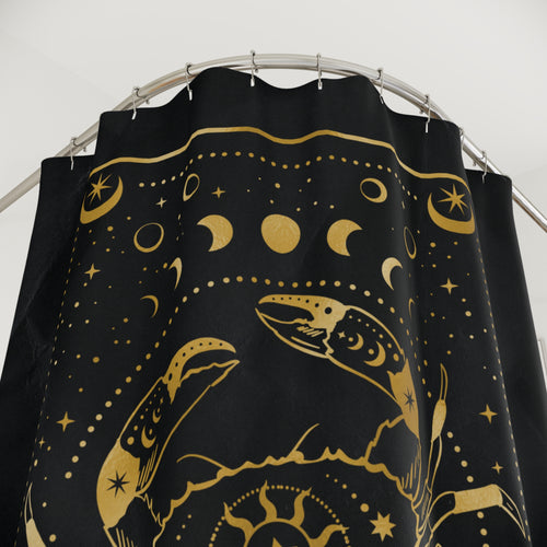 Cancer Zodiac Shower Curtain — Gold Celestial Crab Astrology Bathroom Decor
